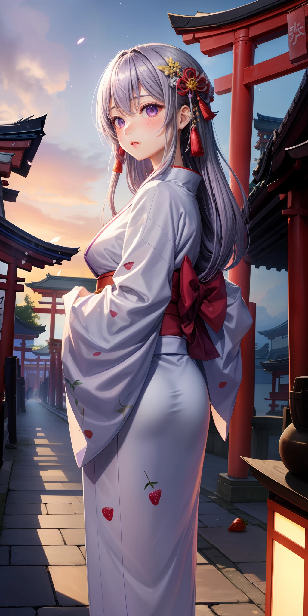 masterpiece、High resolution 8K、NSFW、sharp focus、contrast lighting、fine skin、 ultra high resolution、ultra high resolution、Detailed CG、snow scene at night、moon、moon flare、lanthanum、石のlanthanum、that&#39;that&#39;that&#39;that&#39;It&#39;s snowing、Former shrine of Japan、temple、Scenery with the main shrine torii gate - Angle、Descend the long stone steps in the pine forest、full body shot、Beautiful woman、beautiful eyes、(detailed face and iace:1 2)、narrow eyes、almond eye、brown eyes、gradation eye、highlight:1.2)、(beautiful black hair、middle、asymmetrical bangs、twin tails)、(Woman in Japan kimono)、(plump lips、glossy lips、small chest size) 、(oval face : 1.4)、(thin fingered arms、detailed human hand)、half-open smile、teeth visible、long shot