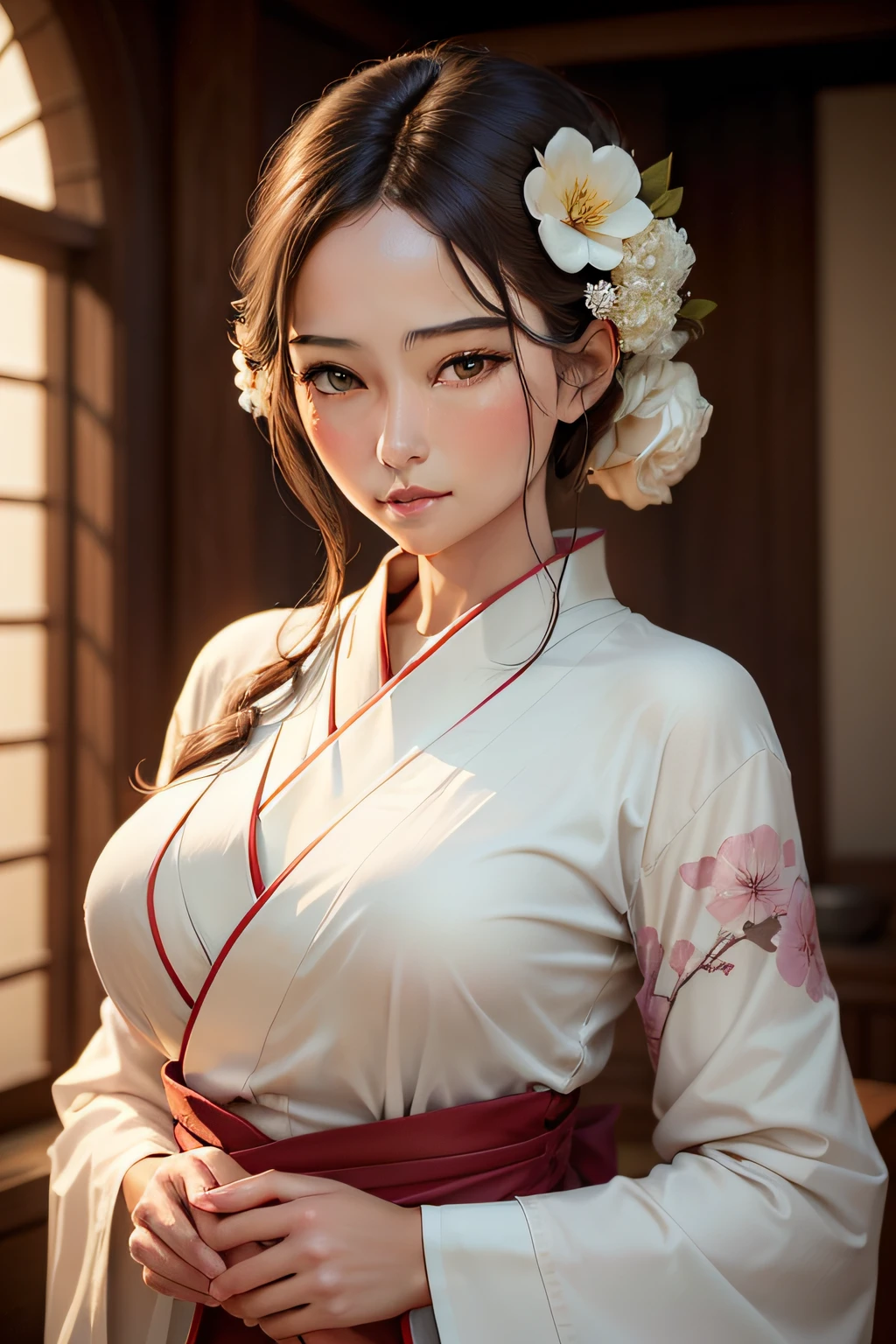 classic, (impasto), (photorealistic: 1.3), (painting), (realistic:1.3), (sketch), portrait, world masterpiece theater, 1 Japanese girl, ((long white hair, black eyes, wide eyes, bangs, long eyelashes, lipstick: 1.3, most detailed)), (bright eyes, Eye reflex, blush: 2), ((((shiny skin: 2))))), (printed kimono, exposed cleavage, exposed shoulders, side shot, upper body close-up, looking to the camera), ((medium breasts): 1.2), solo focus, indoor background, background blur
