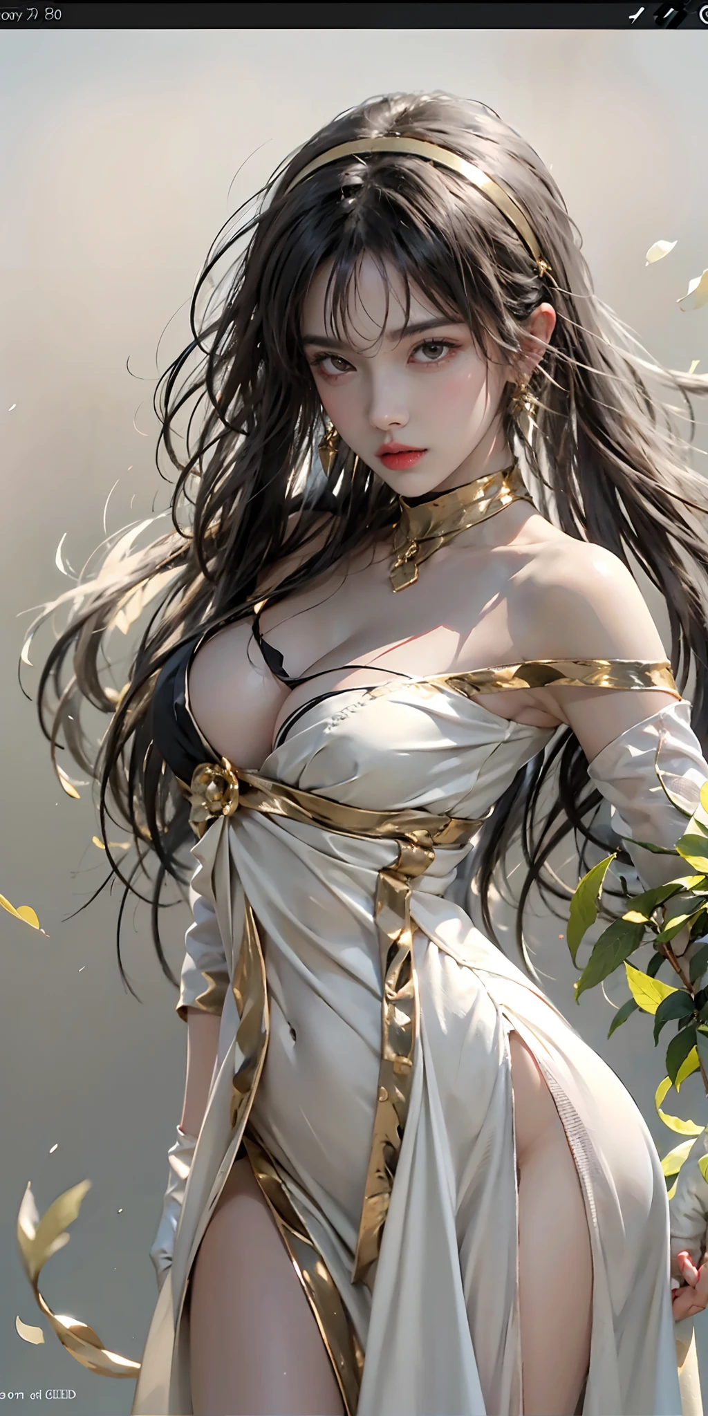 photorealistic, high resolution, soft light,1women, solo, hips up, (detailed face),tattoo, jewelry,  bare shoulders, black background, black dress, black gloves, black hair, breasts, closed mouth, cowboy shot, dress, earrings, expressionless, fingerless gloves, floating hair, gloves, gold earrings, gold hairband, hair flower, hair ornament, hairband, jewelry, large breasts, light particles, long hair, looking at viewer, off-shoulder dress, off shoulder, petals, red eyes, short hair with long locks, sidelocks, solo, spikes, thighs, two-sided dress, two-sided fabric