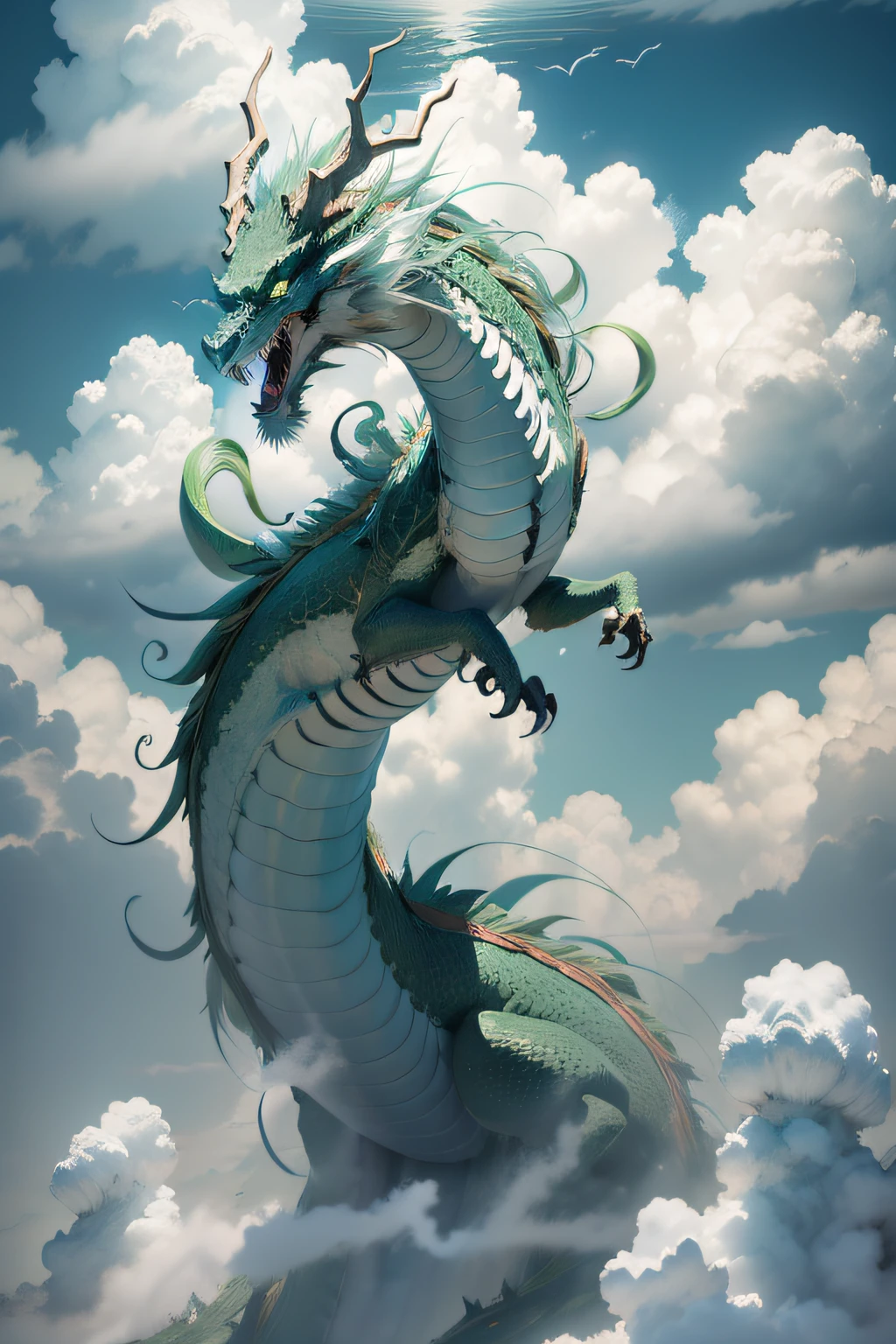 A green Chinese dragon，Clouds，Open mouth，dentes pontiagudos，Shining horns，Hovering，the sea