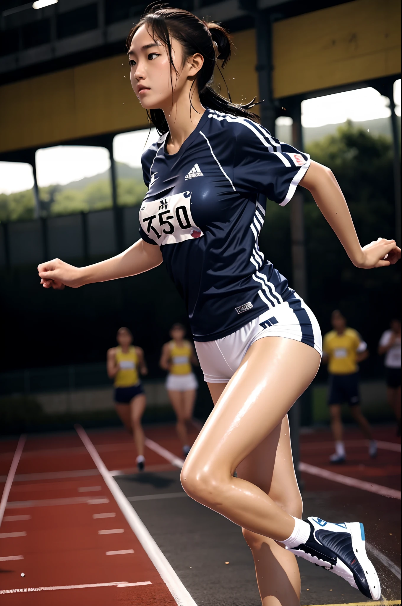 ultra detailed photographic, Full body,1 Teenage japanese girl,idle face, track and field Uniform,nice legs, Large breasts,Wet skins,Sweat,Female athletes, track and field ,Dynamic Angle