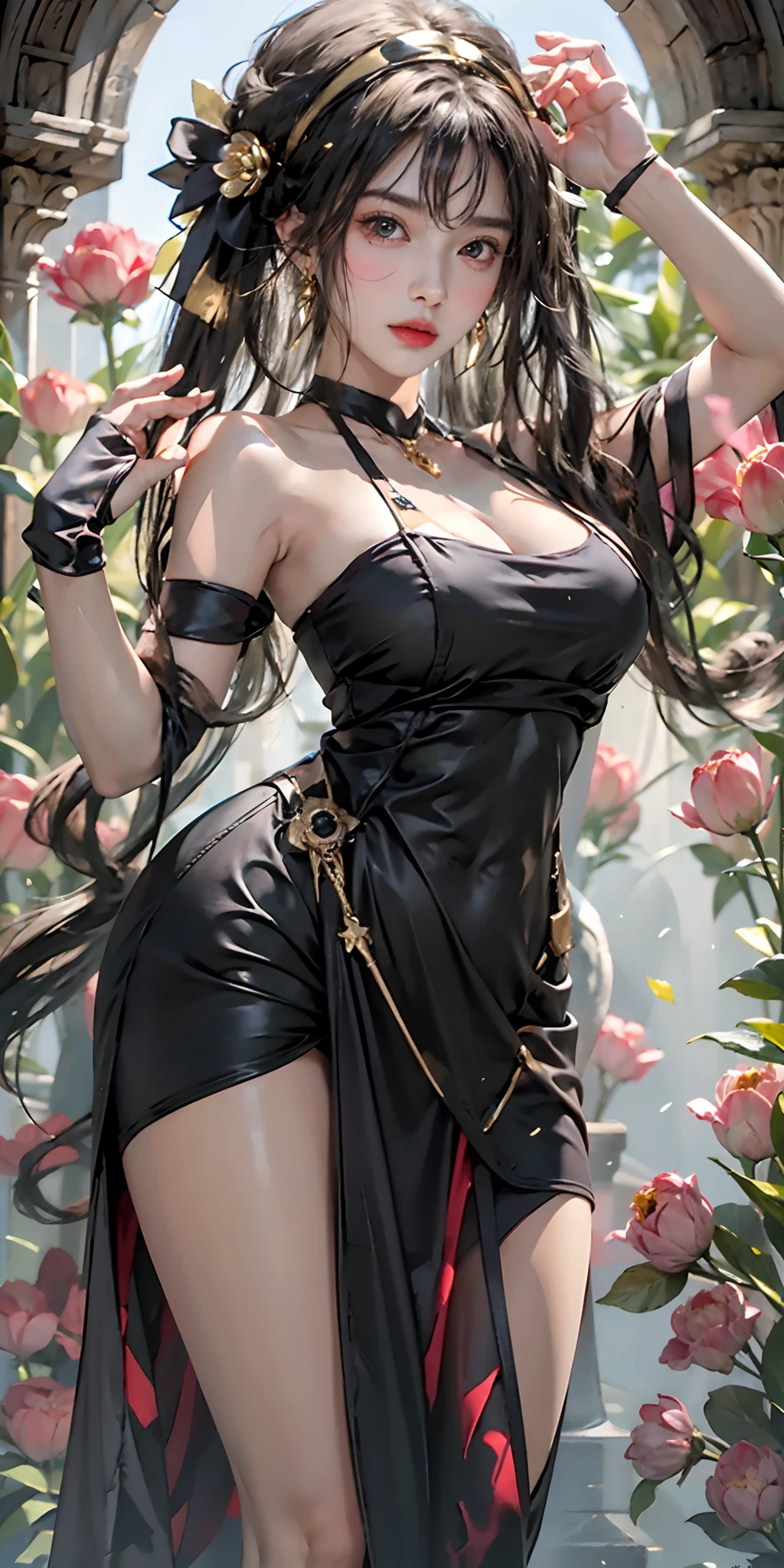 photorealistic, high resolution, soft light,1women, solo, hips up, (detailed face),tattoo, jewelry, bare shoulders, black background, black dress, black gloves, black hair, breasts, closed mouth, cowboy shot, dress, earrings, expressionless, fingerless gloves, floating hair, gloves, gold earrings, gold hairband, hair flower, hair ornament, hairband, jewelry, large breasts, light particles, long hair, looking at viewer, off-shoulder dress, off shoulder, petals, red eyes, short hair with long locks, sidelocks, solo, spikes, thighs, two-sided dress, two-sided fabric