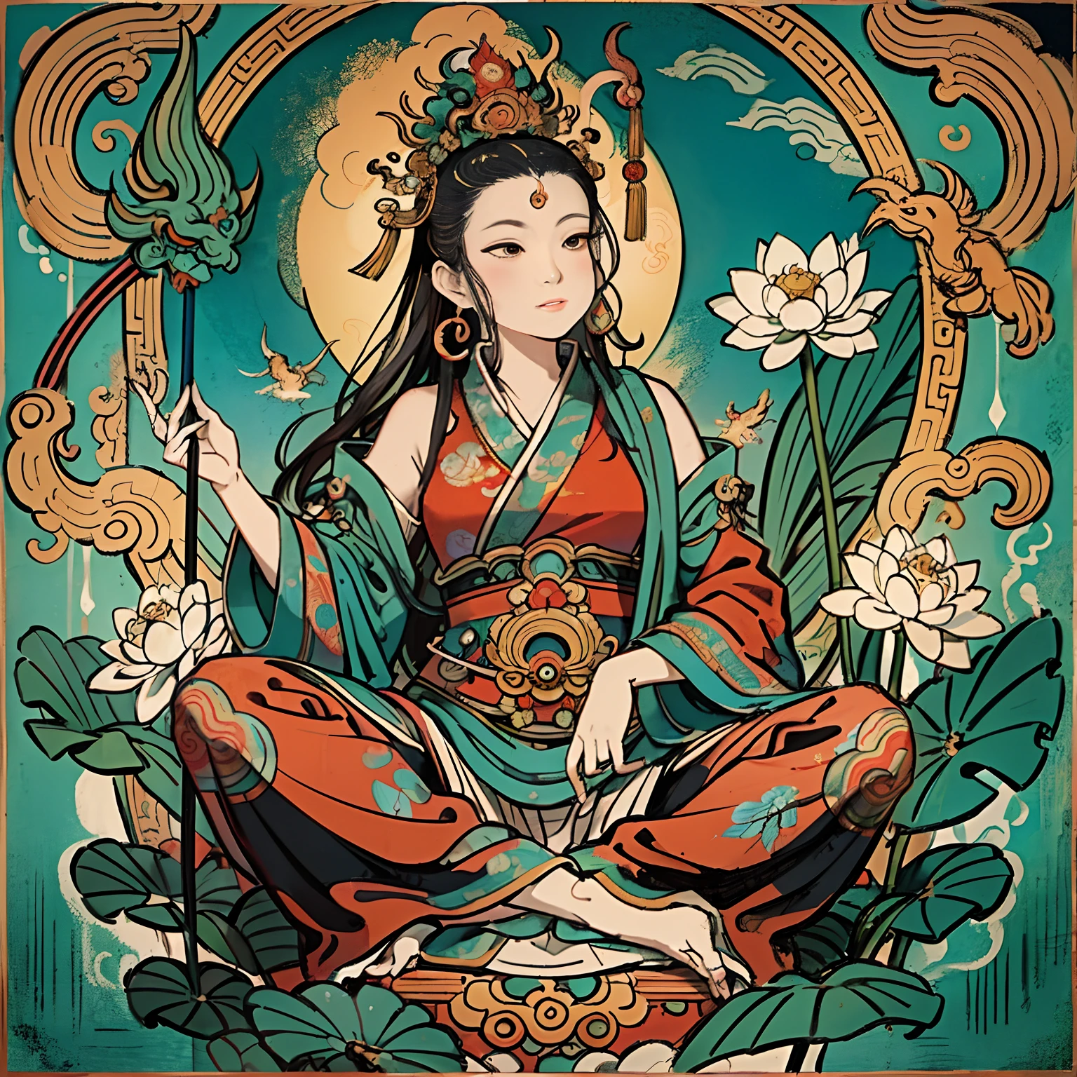 An ancient Chinese goddess, Guanyin of the Southern Seas, radiates serenity with her inspiring countenance, reminiscent of India's Avalokiteshvara Bodhisattva. Surrounded by the ethereal beauty of lotus flowers, she embodies the Buddhist essence with her naked form subtly hinted in a nsfw manner. This captivating image is rendered in the intricate shui mo hua Chinese painting style, showcasing intricate details and delicate brushwork. With vivid colors and stunning resolution in 8k, every element shines like a Thangka, revealing Guanyin's divine and compassionate form. Nsfw, naked, pubic