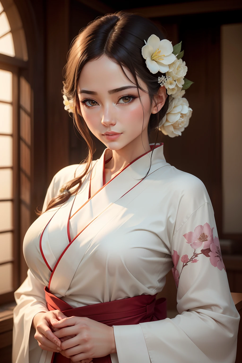 Create a high-quality, realistic image of an attractive and charming adult woman with a serene demeanor. She should be dressed in an elegant white kimono, gazing directly at the viewer. The focus should be on her upper body, and her skin should be smooth and immaculate. The scene should evoke a sense of purity and grace, with attention to fine details for a lifelike appearance.
