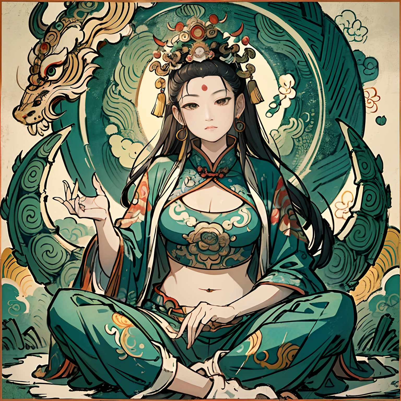 an ancient Chinese goddess, guanyin of the southern seas, Guanyin, Inspired by India, Avalokiteshvara rides a dragon，,Serene expression,shui mo hua,Buddha,Buddhist,Lotus,Chinese painting style,Thangka style