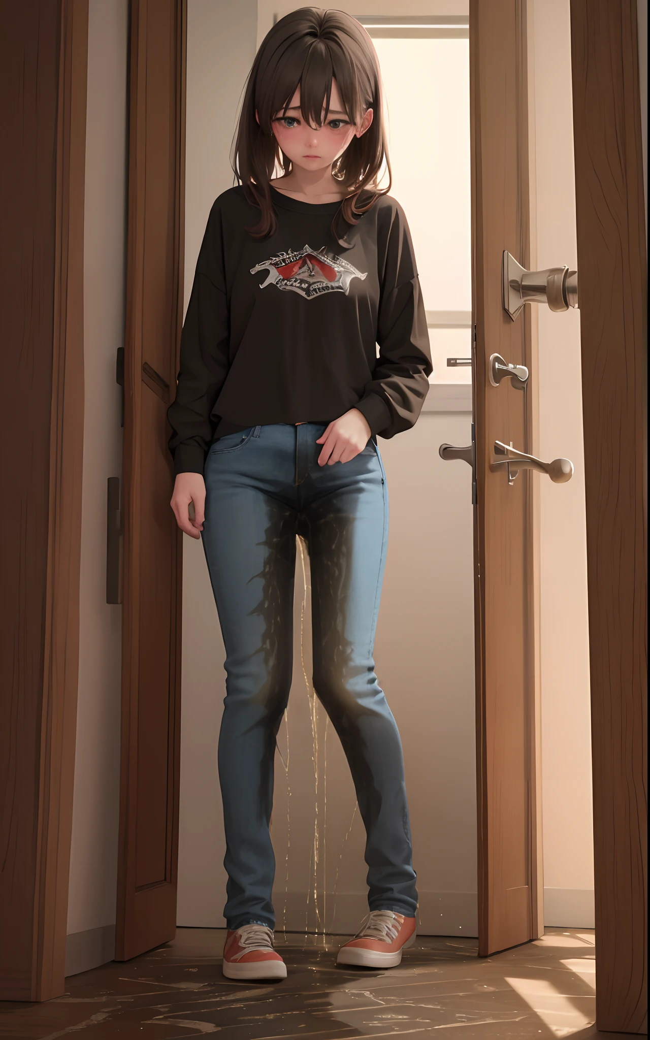 best quality, masterpiece, highres, realistic, 8k, soft lighting, cinematic lighting, (3girls), 20 years old, blue jeans pants, (full body), blush, worried, ((((((pee stain))))))