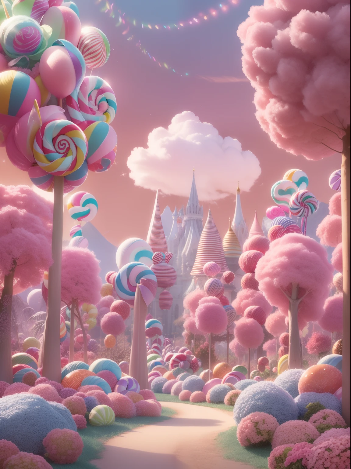 Pink Forest,Candy World,Lollipop tree,wide wide shot,Superior lighting effects,Gradient peaks,Cream cloud,cotton candy cloud,Juice River,Blue sky,Pixar animation style,magical fairy background
