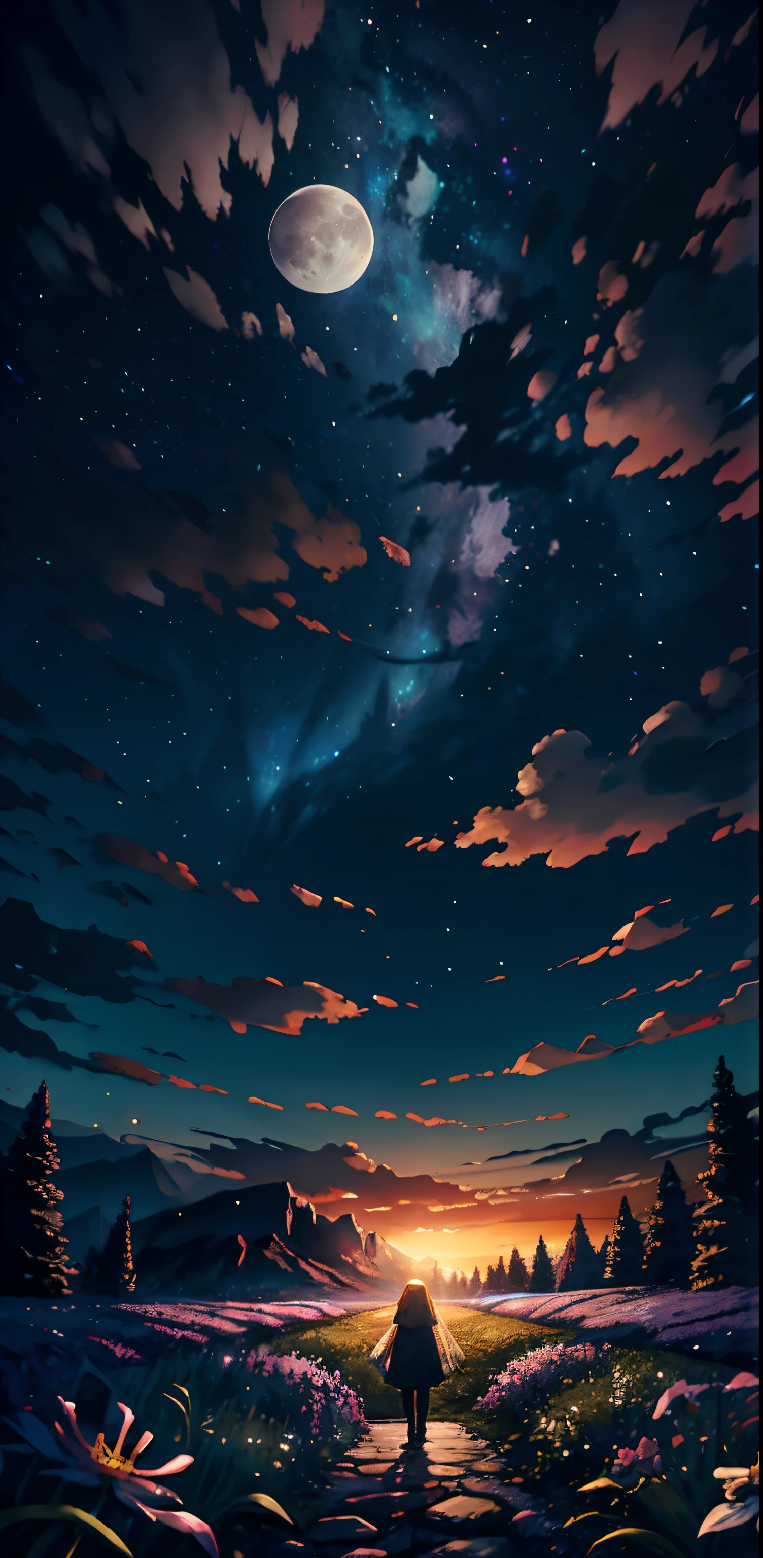 Expansive landscape photograph, (view from below with a view of the sky and the wilderness below), little girl standing in a flower field looking up, (full moon: 1.2), (shooting star: 0.9), (nebula: 1.3), distant mountain, tree break production art, (warm light source: 1.2), (firefly: 1.2), lamp, purple and orange, intricate detail, volume lighting BREAK (masterpiece: 1.2), (highest quality ), 4k, ultra-detailed, (dynamic configuration: 1.4), highly detailed and colorful details (iridescent: 1.2), (sparkling lighting, atmospheric lighting), dreamy, magical, (solo: 1.2)