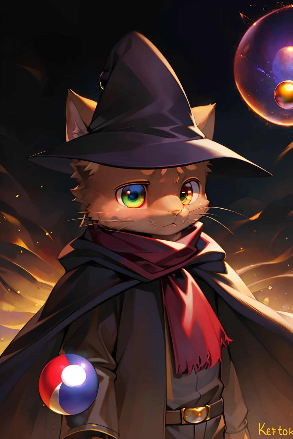 Masterpiece, high quality portrait, 3D realistic CG, Dramatic lighting, Intricate details, Sharp focus, 16k, Human black cat, Furry, (Adult beasts), (Whiskers), solo child boy, Wizard's Hat, Cape, Scarf, (contemplative), (Magic wind ball:1.4), (hands out), (by Kekitopu), (shot from afar)