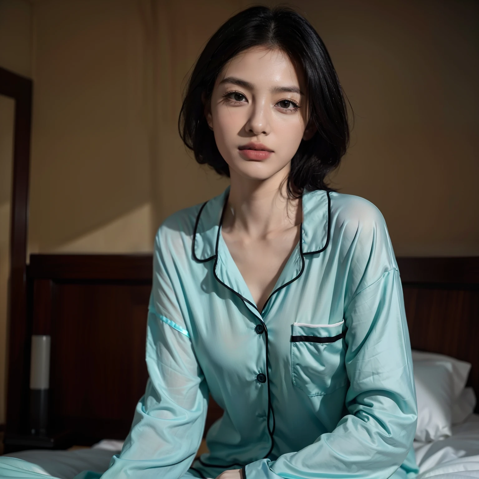 top-quality, ​masterpiece, 超A high resolution, 8K, Unripe, (photographrealistic:1.4), rendered, depth of fields, A slender, Luxurious hospital room, detailed beautiful faces, 1 rapariga, cute little, 年轻,, Large black eyes, Black Hair Bob,Pajama luxury, (s Pajamas:1.3),high-class sense,1 Female critical care doctor,