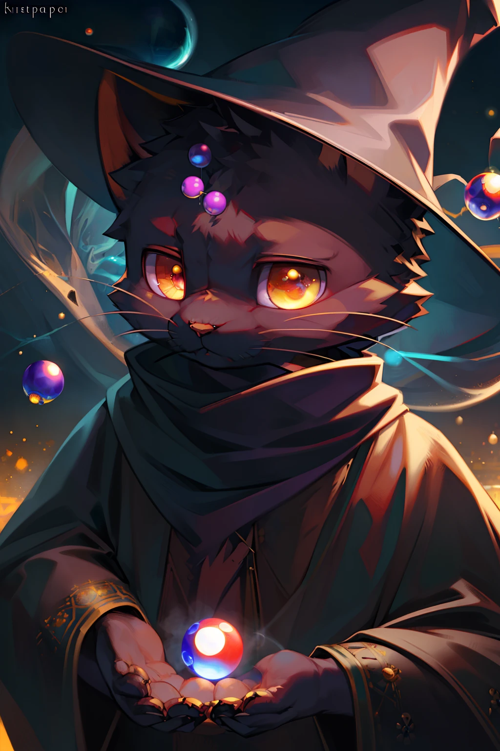 Masterpiece, high quality portrait, 3D realistic CG, Dramatic lighting, Intricate details, Sharp focus, 16k, Human black cat, Furry, (Adult beasts), (Whiskers), solo boy, Wizard's Hat, Cape, Scarf, (contemplative), (Magic wind ball:1.4), (hands out), (by Kekitopu), (shot from afar)