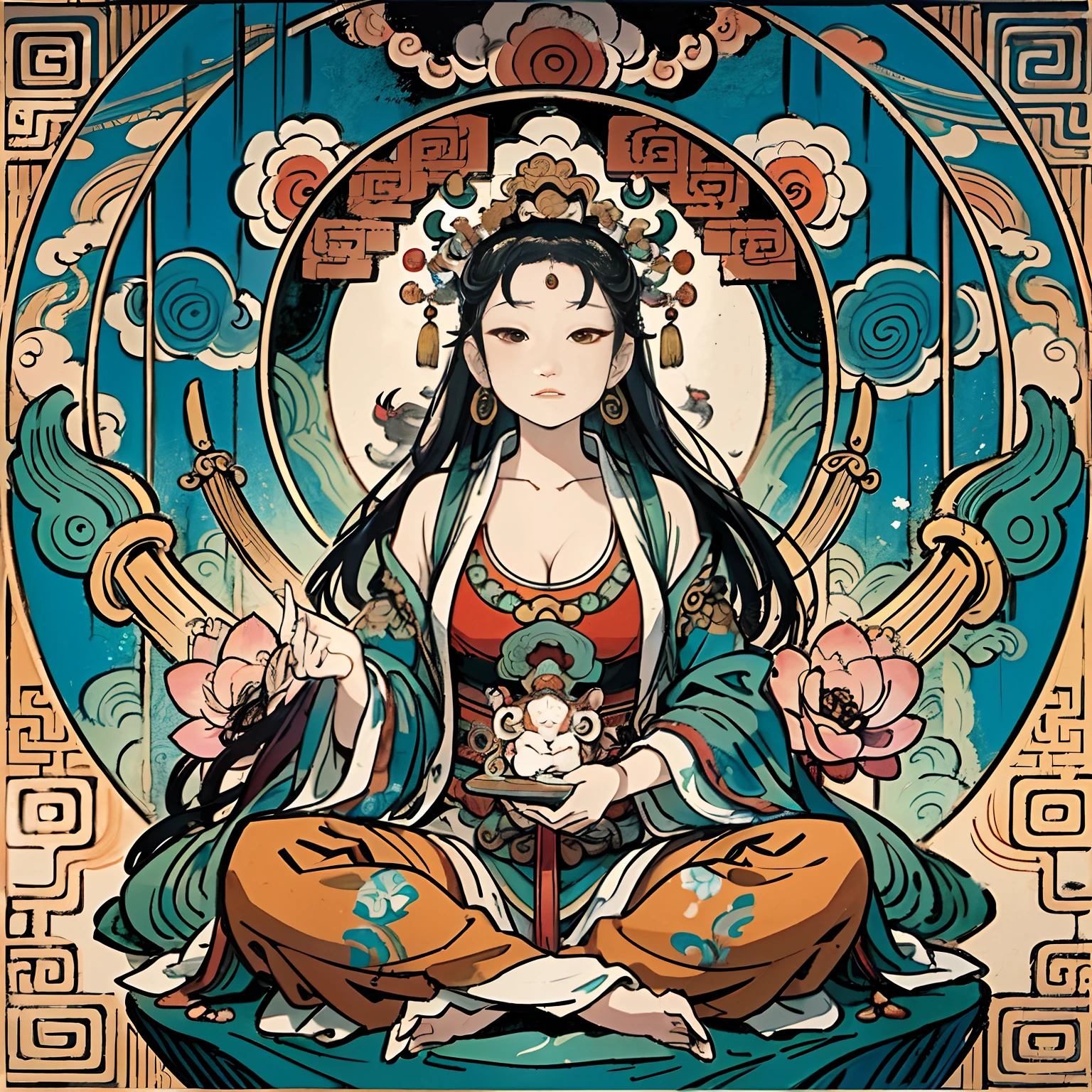 an ancient Chinese goddess, guanyin of the southern seas, Guanyin, Inspired by India, Avalokiteshvara rides a tiger,,Serene expression,shui mo hua,Buddha,Buddhist,Lotus,Chinese painting style,Thangka style