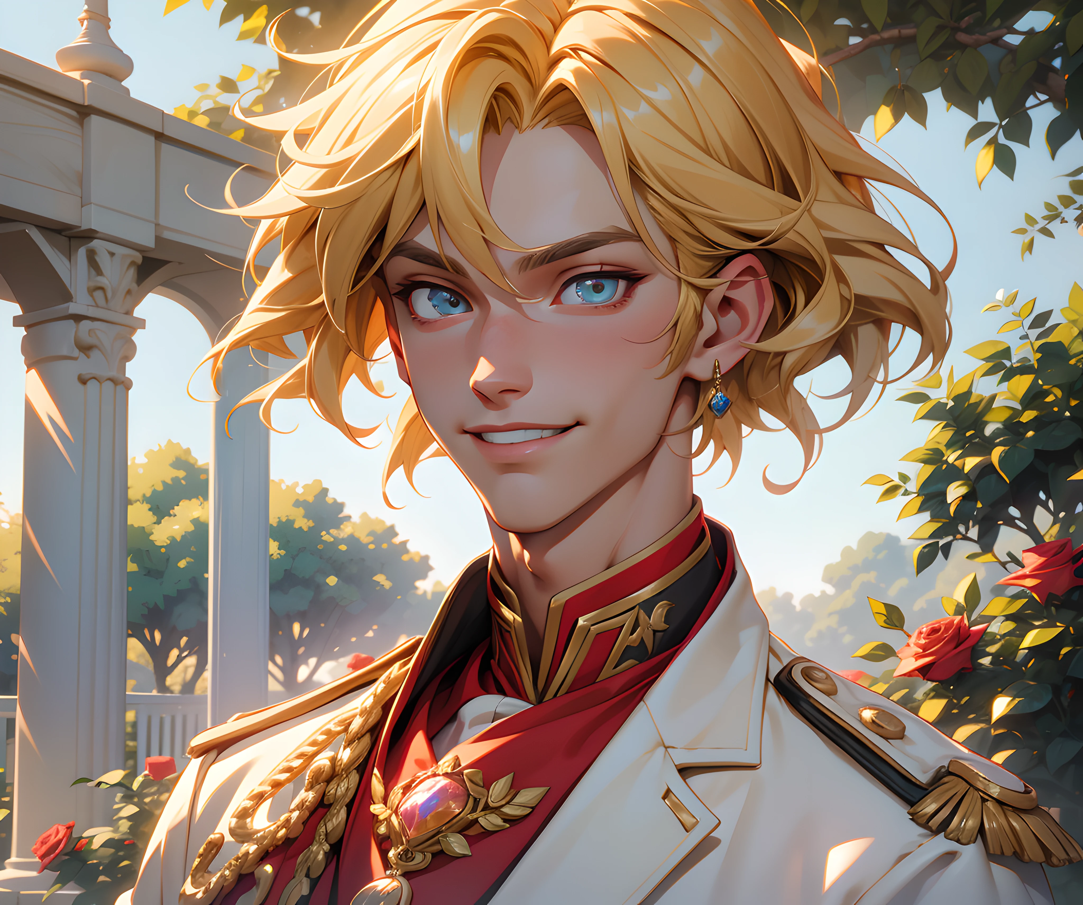(absurdres, highres, ultra detailed), 1 male, adult, handsome, tall, blonde hair, finely detailed opal eyes and detailed face, prince uniform, smile, outdoors, palace rose garden, sunlight, 8k resolution