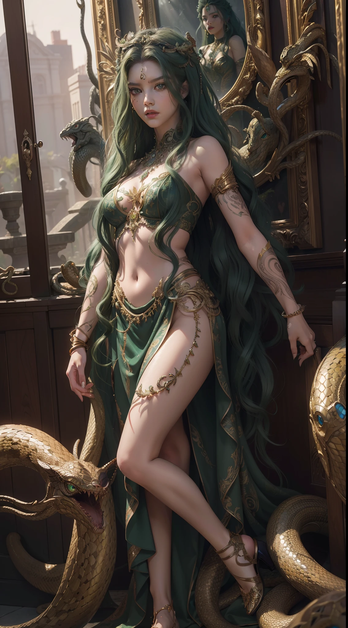 ((best quality)), ((masterpiece)), ((realistic)), Medusa, full body, the hair is composed of countless small snakes, green eyes, female face, metal carved top, royal aura, trend on artstation , sharp focus, studio photo, intricate detail, very detailed, detailed eye, illustration, very detailed, sharp focus, digital render, professional, 4k