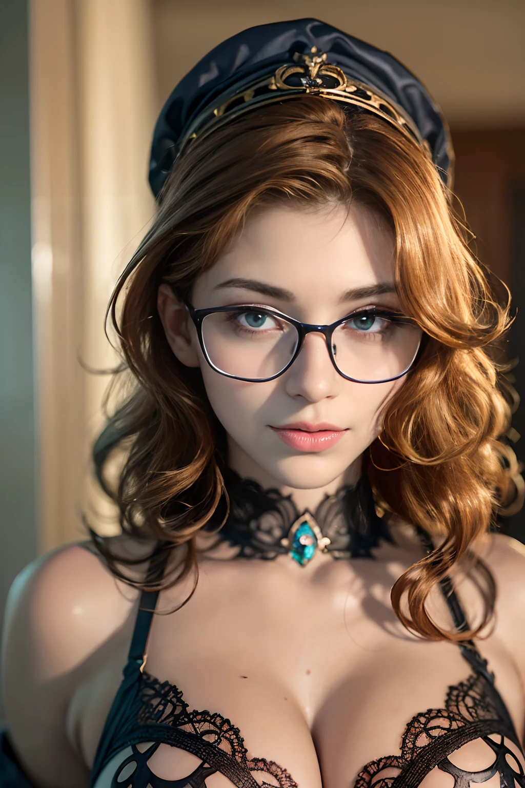 absurdres, foto RAW, mais alta qualidade, (obra-prima: 1.3), foto de cor RAW de alto detalhe, foto profissional, unidade de papel de parede CG 8k extremamente detalhada, foto-realista, realista, foto RAW, obra-prima, melhor qualidade, highres, illustration, 1girl, 17 ANOS, baixinha, magra, branca, ruiva, cabelo vermelho, cabelo ruivo com cachos, cabelo ondulado, curly hair, Average length, pernas finas, rosto lindo perfeito com sardas, cardune lips, belos olhos realistas, olho direito verde, olho esquerdo azul, heterocromia, pale skin, textura de pele detalhada, seios planos, bunda pequena. Rosas vermelhas tatuadas nos ombros. Ruiva. Eyeglasses. Sorriso. Saindo do banho. Fazendo sexo oral. Estilo bruxa. Pagan style, Celtic, wiccan. She looks amazing. (design detalhado), casa, noite.