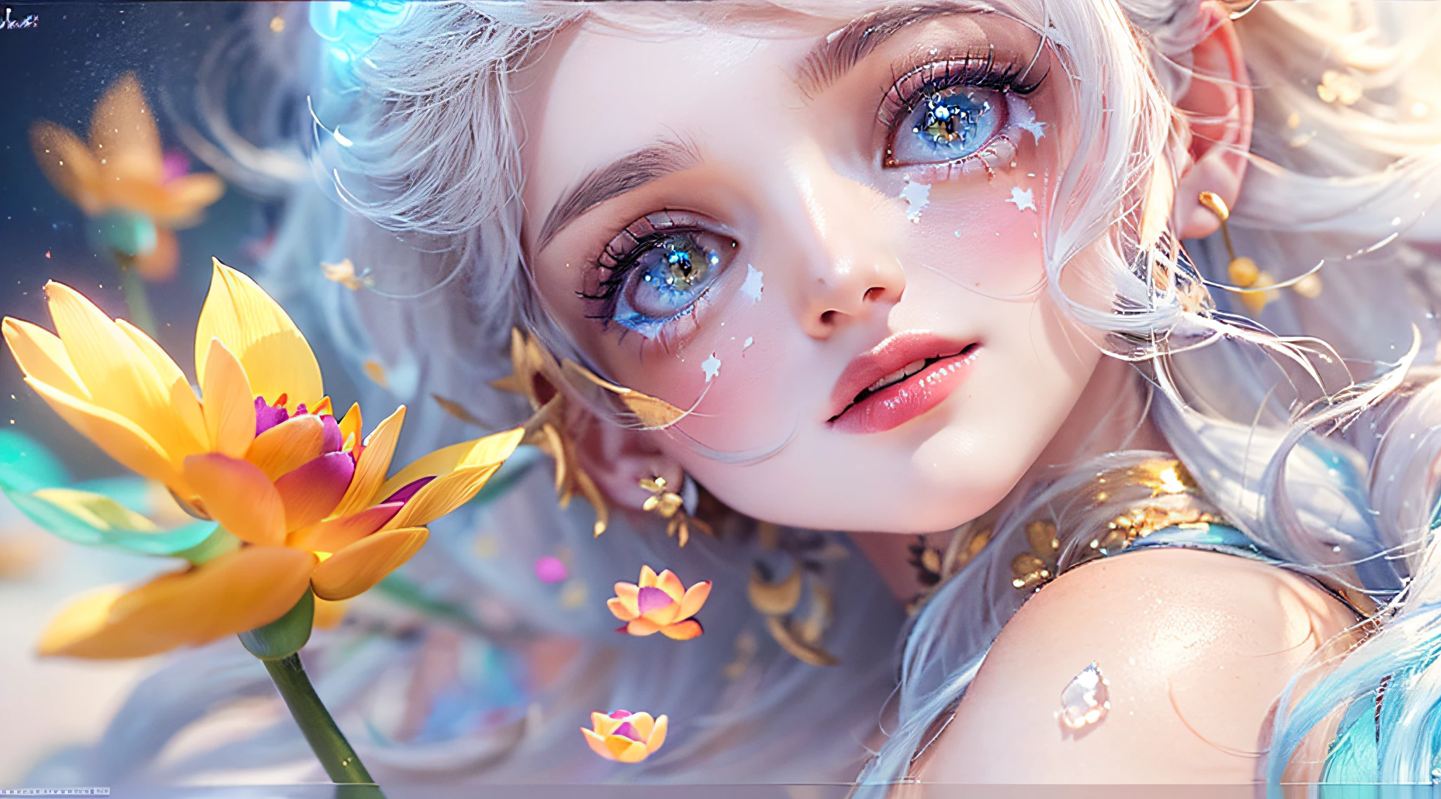 best quality, masterpiece, (realistic:1.2), 1 girl, detailed face, beautiful eyes, (masterpiece:1.2, best quality), (finely detailed beautiful eyes: 1.2), (extremely detailed CG unity 8k wallpaper, masterpiece, best quality, ultra-detailed, best shadow), (detailed background), (beautiful detailed face, beautiful detailed eyes), High contrast, (best illumination, an extremely delicate and beautiful),1girl,((colorful paint splashes on transparent background, Dulux,)), dynamic angle, beautiful detailed glow, full body, cowboy shot, white hair, purple eyes, best quality, masterpiece, (realistic:1.2), lotus flower, glowing, in the night sky, full of stars, very detail, ultra-high resolution, ultra-high quality,