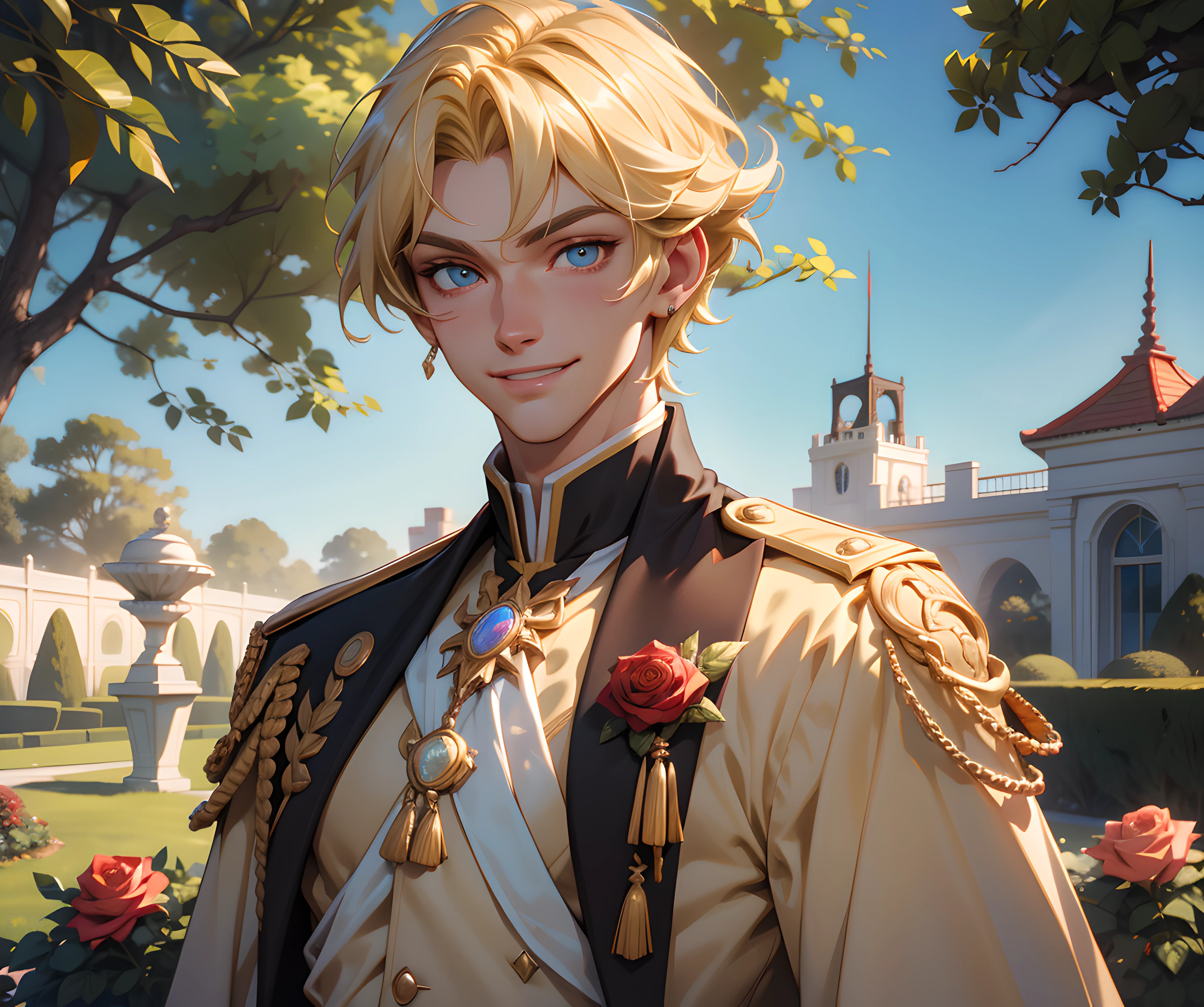 (absurdres, highres, ultra detailed), 1 male, adult, handsome, tall, blonde hair, finely detailed opal eyes and detailed face, prince uniform, smile, outdoors, palace rose garden, sunlight, 8k resolution