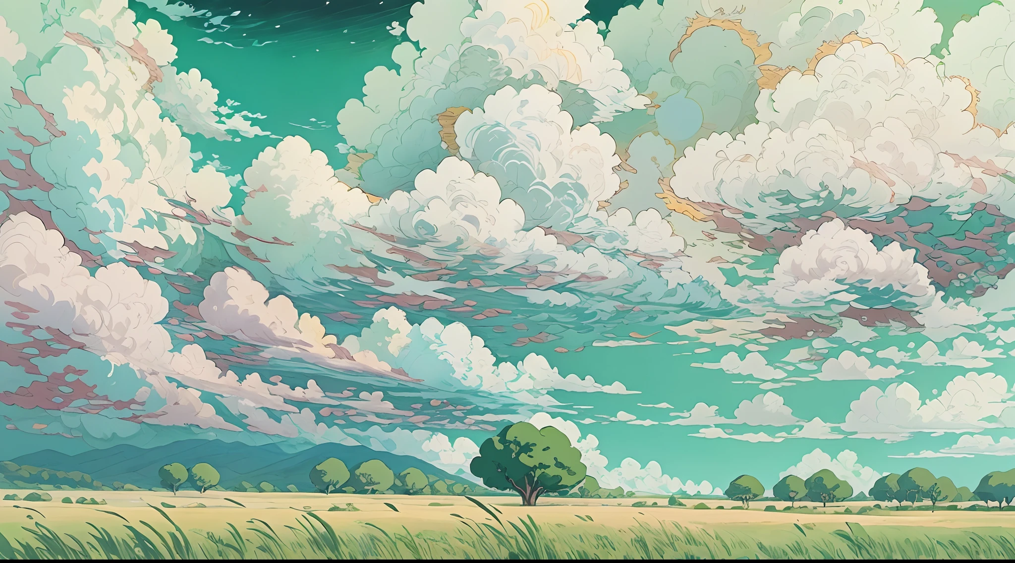 Realistic, authentic, beautiful and amazing landscape oil painting Studio Ghibli Hayao Miyazaki&#39;s petal grassland with blue sky and white clouds --v6