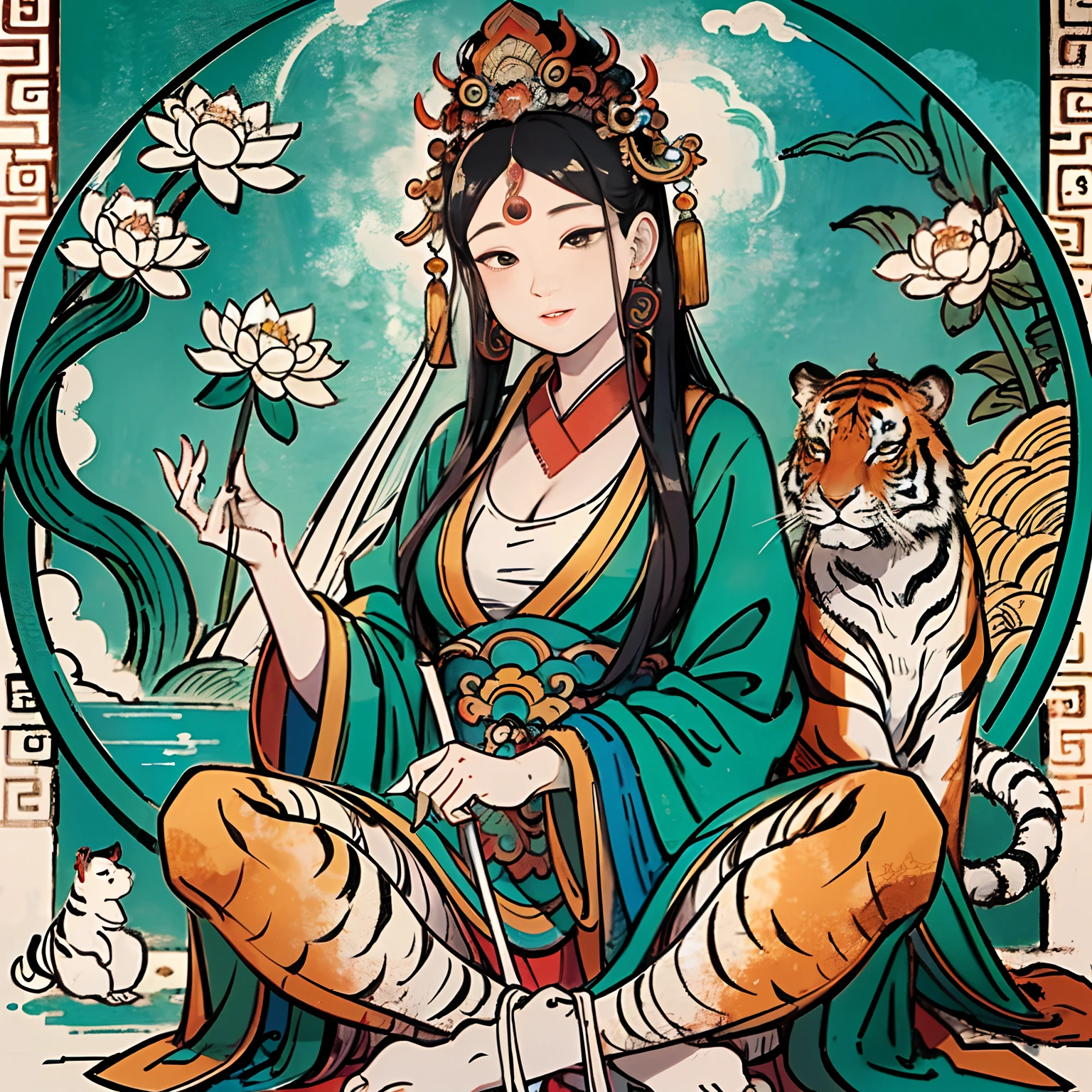 an ancient Chinese goddess, guanyin of the southern seas, Guanyin, Inspired by India, Avalokiteshvara rides a tiger,,Serene expression,shui mo hua,Buddha,Buddhist,Lotus,Chinese painting style,Thangka style