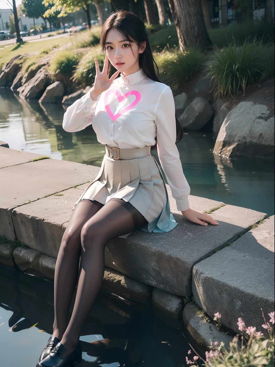 (full body:2),(1girl:1.3),(view the viewer:1.4),(anatomy correct:1.45),(Sitting by the creek, Make a heart to heart gesture with both hands:1.35),(Reflective carbon fiber pantyhose:1.4),(A mature and sensual woman Wear printed fantasy colorful JK student uniform pleated skirt and polished JK uniform leather shoes :1.35),(A woman with large buttocks, breasts, and a slender waist:1.4), (Light particle effect:1.3),(In pink | amarelo | blue colors| green color |red color | white colors| black in color| purplish color| greys| Beige| Flesh color 1.4),(Glowing eyes:1.3),(Large amplitude action: 1.3),(Accurate and perfect face:1.4),hyper HD, Ray traching, reflective light,structurally correct, Award-Awarded, high detail, lighten shade contrast, Face lighting ,cinmatic lighting, masterpiece, super detailing, high quality, high detail, best quality, 16k,High contrast,
