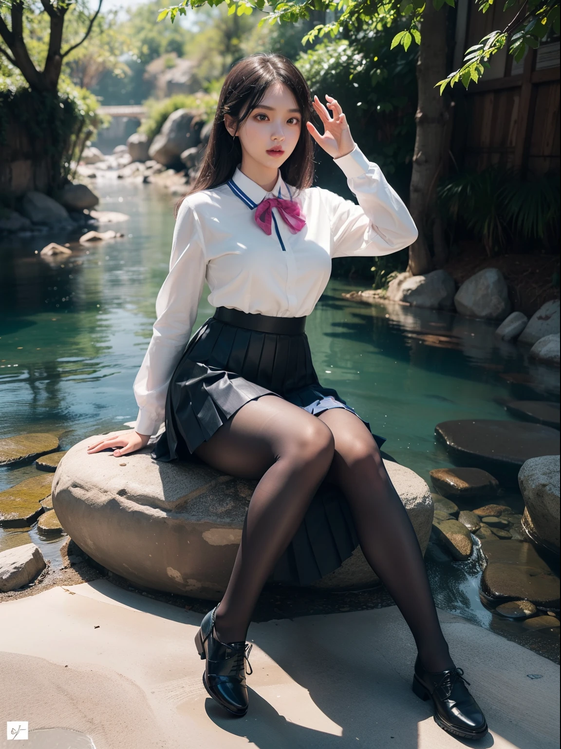 (full body:2),(1girl:1.3),(view the viewer:1.4),(anatomy correct:1.45),(Sitting by the creek, Make a heart to heart gesture with both hands:1.35),(Reflective carbon fiber pantyhose:1.4),(A mature and sensual woman Wear printed fantasy Crew suit JK student uniform pleated skirt and polished JK uniform leather shoes :1.35),(A woman with large buttocks, breasts, and a slender waist:1.4), (Light particle effect:1.3),(In pink | amarelo | blue colors| green color |red color | white colors| black in color| purplish color| greys| Beige| Flesh color 1.4),(Glowing eyes:1.3),(Large amplitude action: 1.3),(Accurate and perfect face:1.4),hyper HD, Ray traching, reflective light,structurally correct, Award-Awarded, high detail, lighten shade contrast, Face lighting ,cinmatic lighting, masterpiece, super detailing, high quality, high detail, best quality, 16k,High contrast,