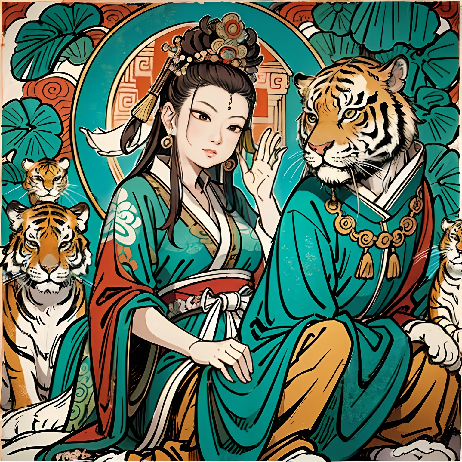 an ancient Chinese goddess, guanyin of the southern seas, Guanyin, Inspired by India, Avalokiteshvara rides a tiger,,Serene expression,shui mo hua,Buddha,Buddhist,Lotus,Chinese painting style,Thangka style