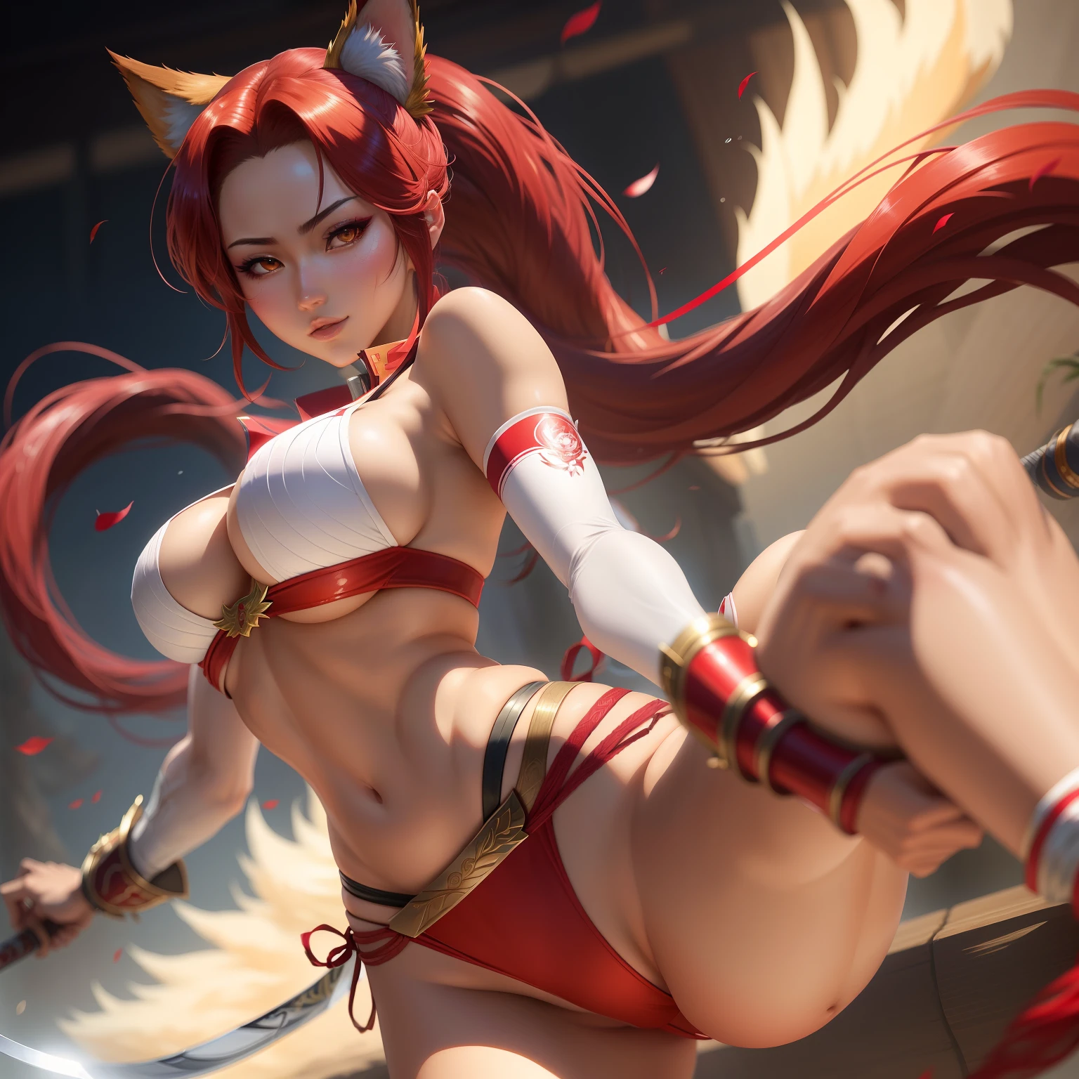 Anime - A style image of a sexy woman in a red bikini holding a sword, fox nobushi, Akali, Extremely detailed Artgerm, mai shiranui, ahri, chengwei pan on artstation, Range Murata and Artgerm, Kitsune, akali from league of legends, IG model | Art germ