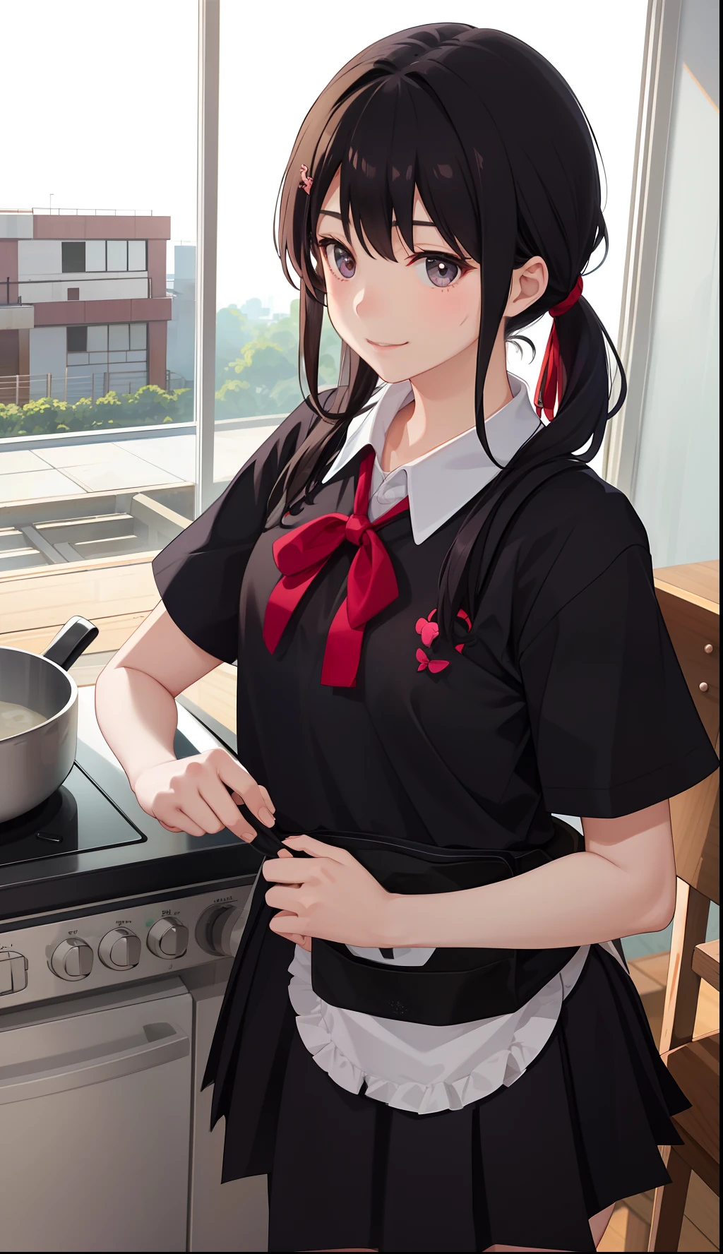 1girl in、A smile、The shirt、skirt by the、（small tits）Chilarism、Japan High School Student Uniform、serafuku、summer clothing、Apron、Helping with household chores、Upper body portrait、、