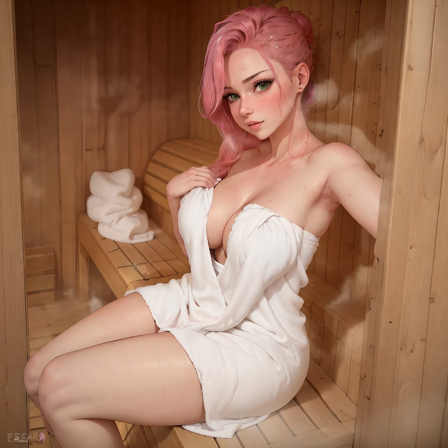 (SFW:1), masterpiece, 8k, best quality, highly detailed, 1girl, thick woman with a white towel wrapped around her in a hot sauna, sitting on bench, large breasts, pink hair, green eyes, steam, sweat, blushing, selfie, blush