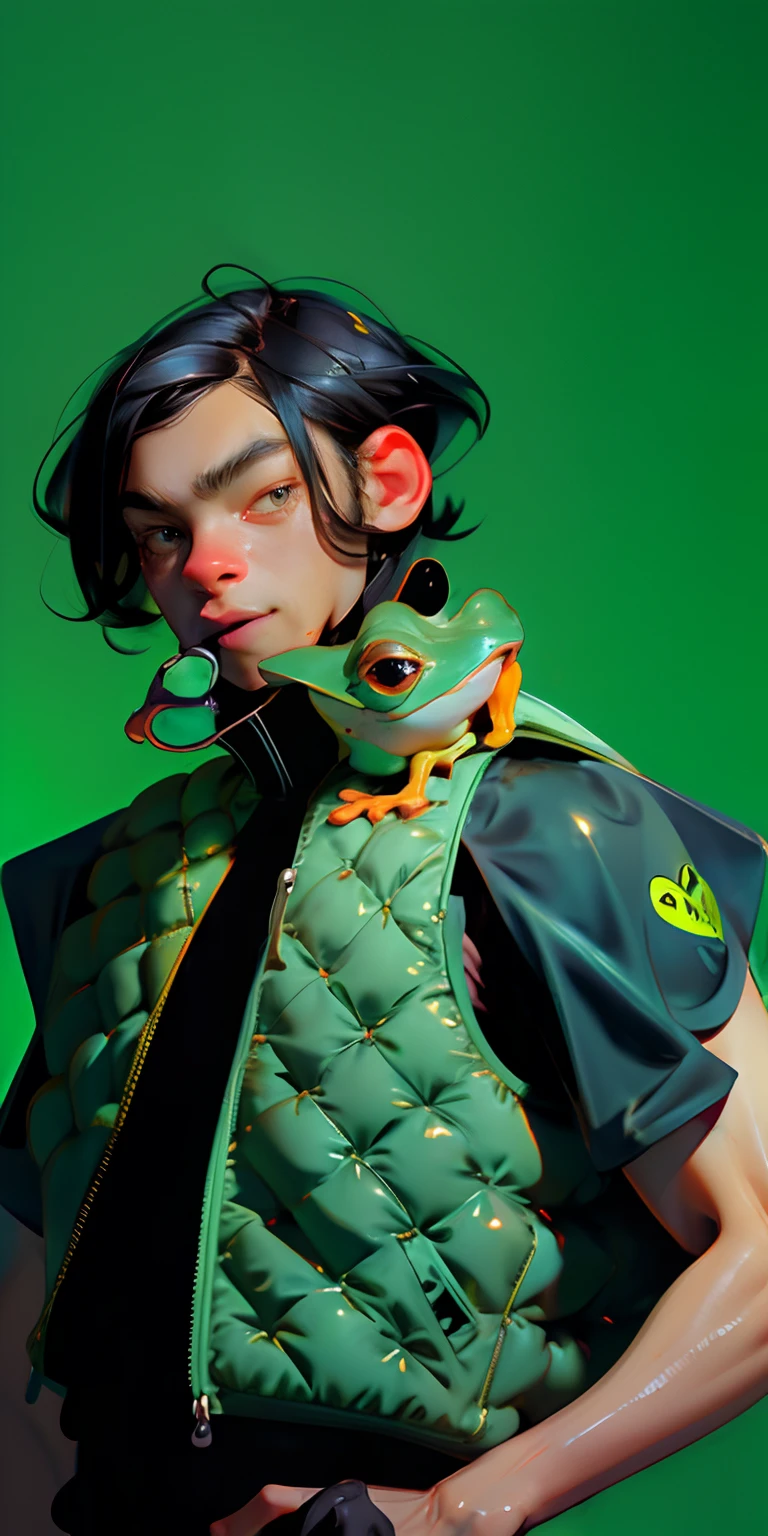 (masterpiece, best quality), 1frog,vest, black hair,