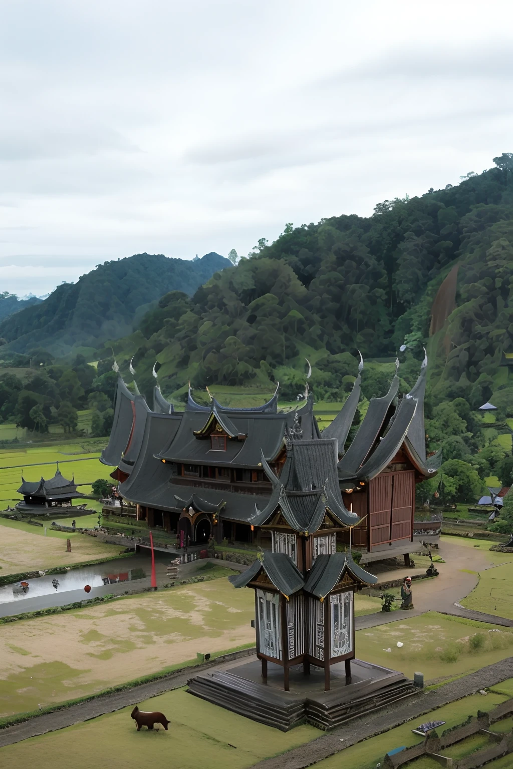 there is a clock tower in the middle of a field, typical, longhouse, historical setting, sumatraism, indonesia, mystical setting, green, large temples, touring, movie set”, peaked wooden roofs, temple in the background, spectacular, grey, highly detaild, wide - shot, beautiful image, wide-shot, detailed wide shot, an ancient, movie scene, cinematic lighting, futuristic, night, dracula