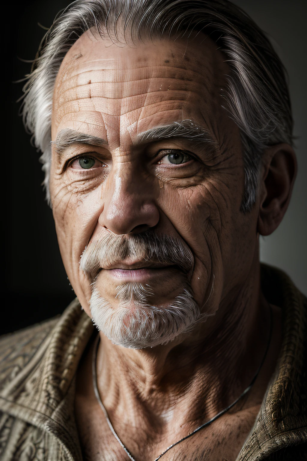 (masterpiece, photorealistic, raw,:1.4), (extremely intricate:1.2), close up, cinematic light, sidelighting, ultra high res, best shadow, RAW, upper body, old man, wearing pullover,