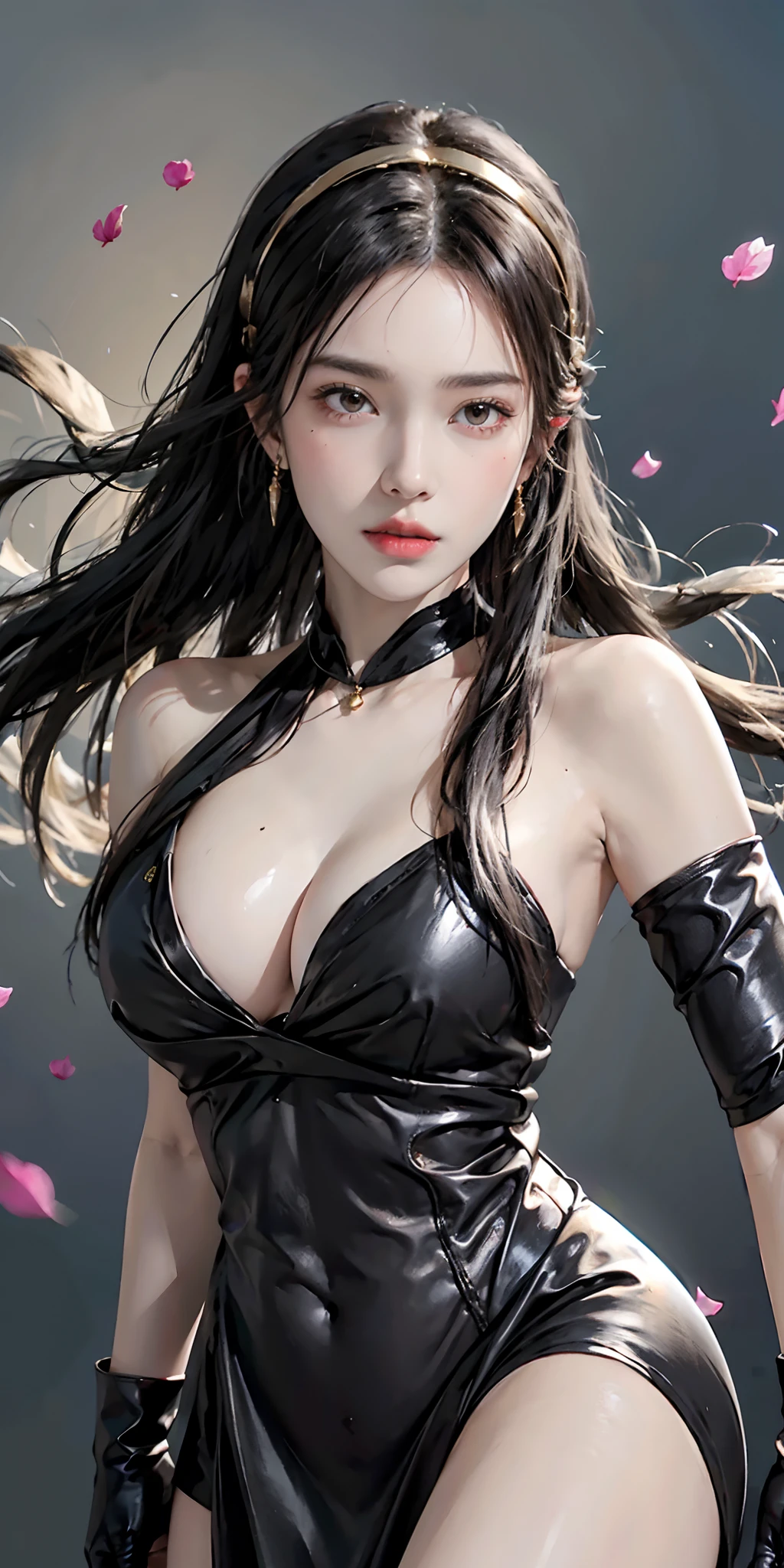 photorealistic, high resolution, soft light,1women, solo, hips up, (detailed face),tattoo, jewelry,  bare shoulders, black background, black dress, black gloves, black hair, breasts, closed mouth, cowboy shot, dress, earrings, expressionless, fingerless gloves, floating hair, gloves, gold earrings, gold hairband, hair flower, hair ornament, hairband, jewelry, large breasts, light particles, long hair, looking at viewer, off-shoulder dress, off shoulder, petals, red eyes, short hair with long locks, sidelocks, solo, spikes, thighs, two-sided dress, two-sided fabric