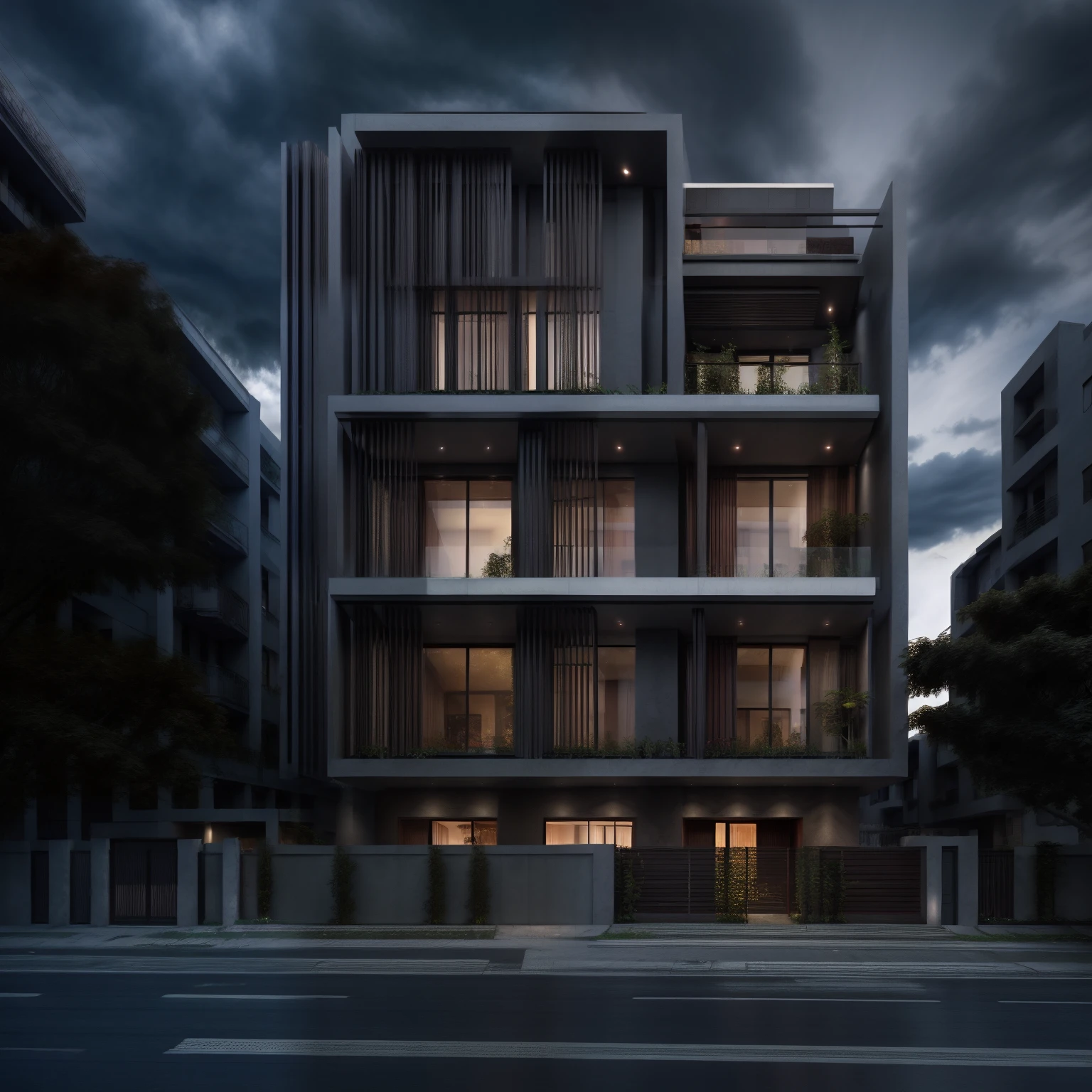 modern achitecture, (glass window:0.8), traffic streetultra realistic, masterpiece, best quality, raw photo, super detail, dark sky, dark night, dark theme,