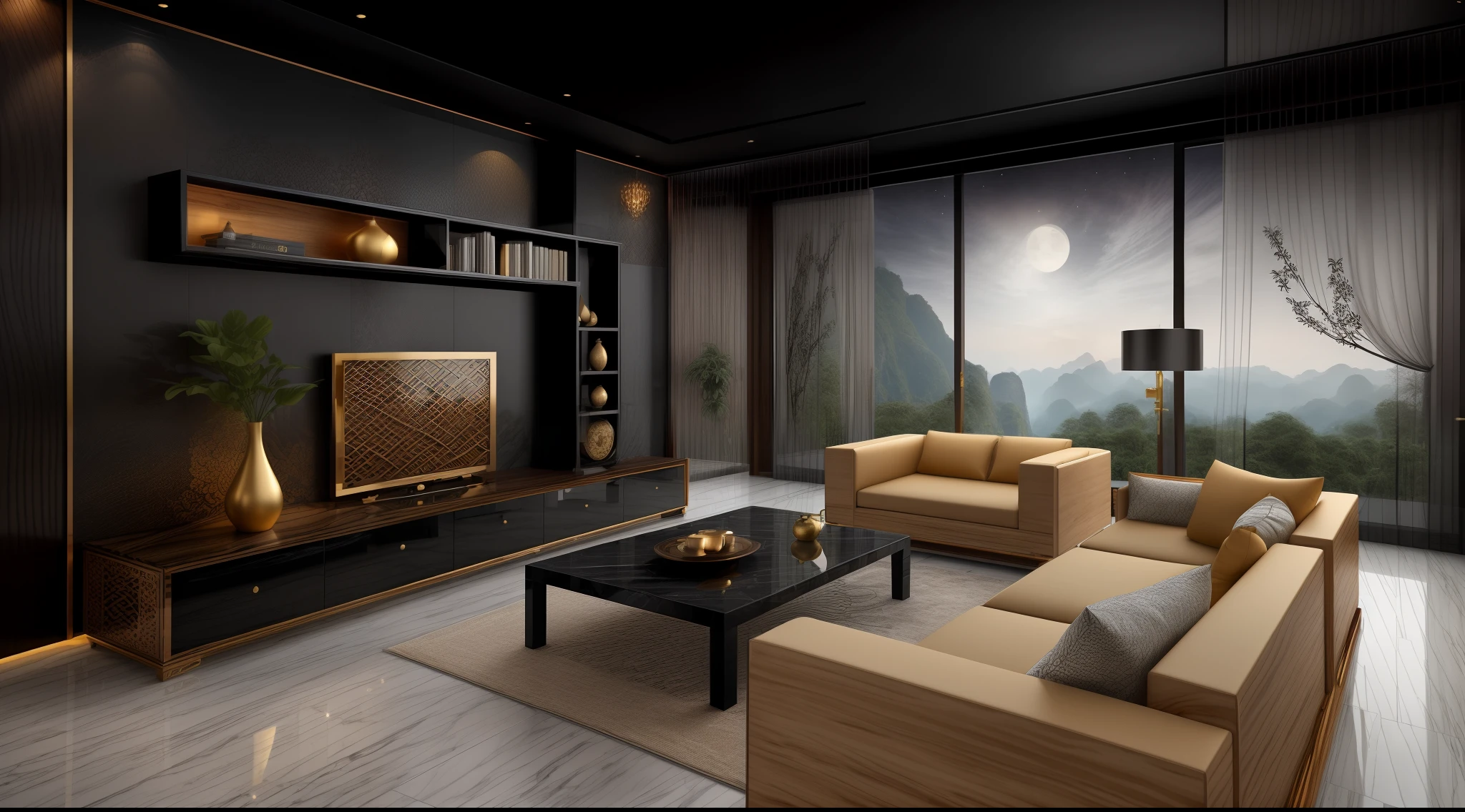 ((Best quality, 8k, Masterpiece :1.3)), Sharp focus :1.2, (living room indochina BLACK Wood design: 1.3), (leaf door panel:1.1), (((black painted wooden furniture:1.1))), (photo realisstic: 1.2), (hyperdetails: 1.2), 1 chair, oriental classical pattern wall paneling, 1 classical altar, 2 ottomans, style cabinets Indochina, indoor, indochina pano door, (Ceiling made of rattan and plasterboard), Stylized lotus pattern, stylized lotus-themed decorative painting, glossy marble floor,Round feather carpet, tiled floor with geometric pattern with border, bedside cabinet with curling iron pattern, Curved iron door, wooden frame door with panel made of wrought iron pattern combined with paper, Unreal Engineer 8K, dark sky, dark night, dark theme,