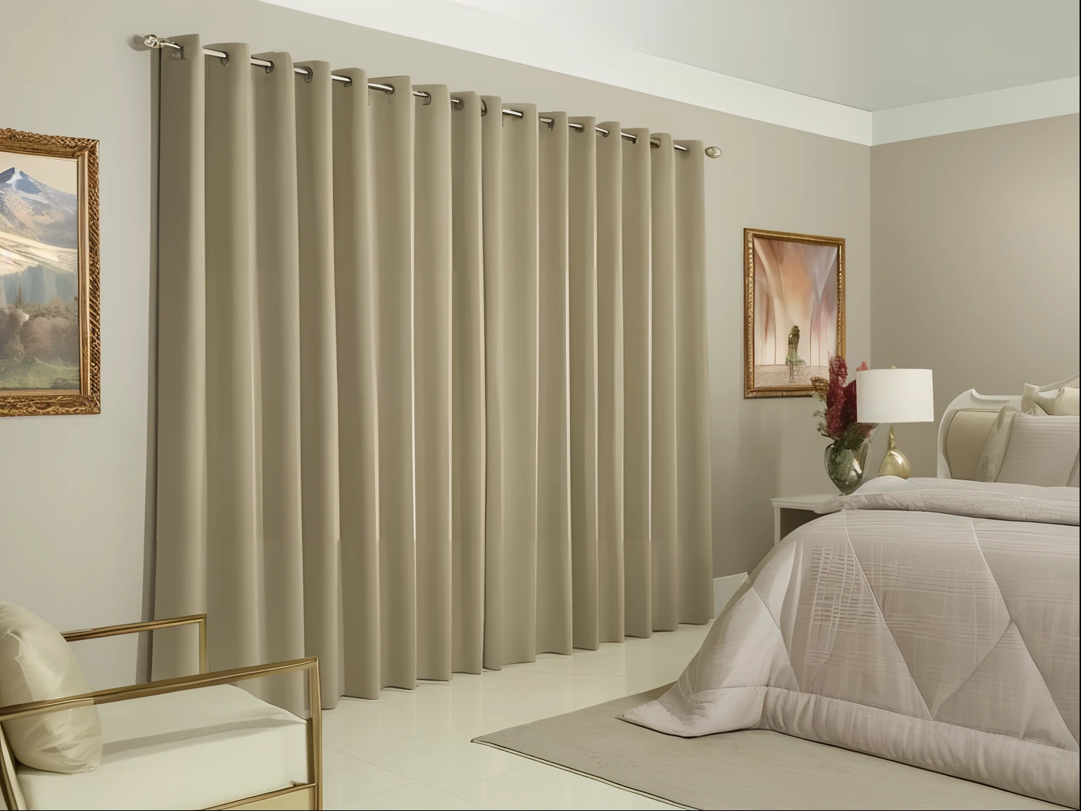Quarto Arafed com uma cama, cadeira, e uma pintura na parede, Drapeja, cortina, cortinas bonitas, bege, cortina, cortinas drapeadas, Cortinas, totalmente coberto de cortinas, toupeira, Maxar, tom neutro plano, harmonia elegante, cortina rica, stunning arcanum backdrop, Cortinas de alizarina
