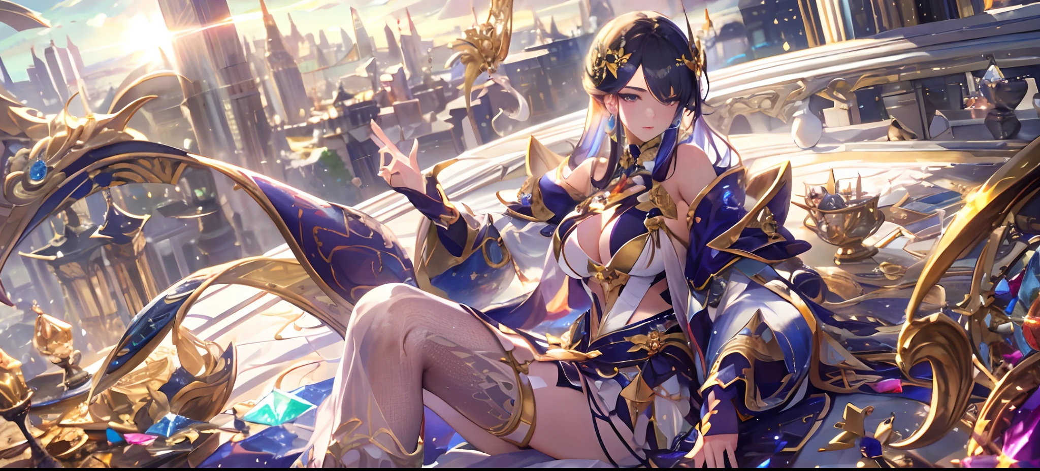 cheek bulge, UHD, high details，A beautiful girl with big breasts sits on the ground and plays with a close-up of a crystal