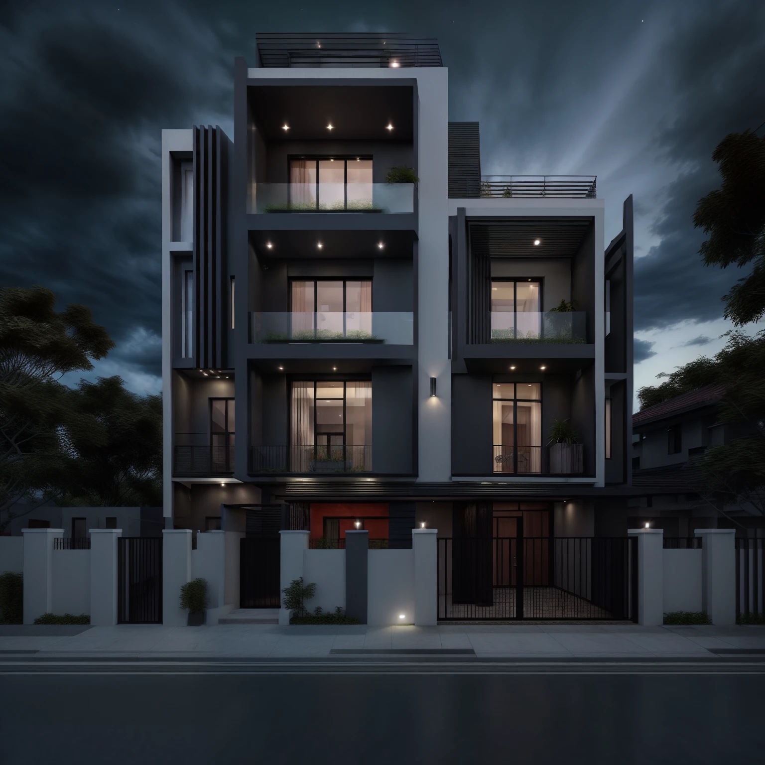 2 storey townhouse, traditional style house, 
ultra realistic, masterpiece, hight quality, best quality, raw photo, dark sky, dark night, dark theme,