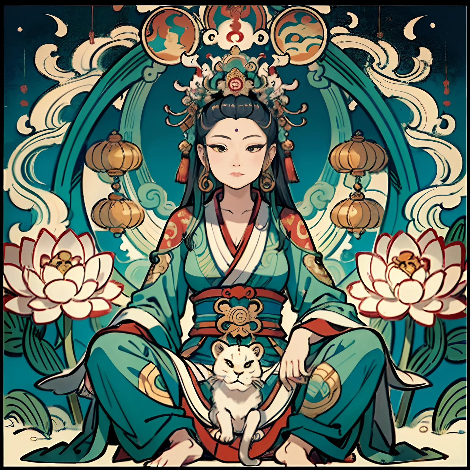 an ancient Chinese goddess, guanyin of the southern seas, Guanyin, Inspired by India, Avalokiteshvara rides a lion,,Serene expression,shui mo hua,Buddha,Buddhist,Lotus,Chinese painting style,Thangka style