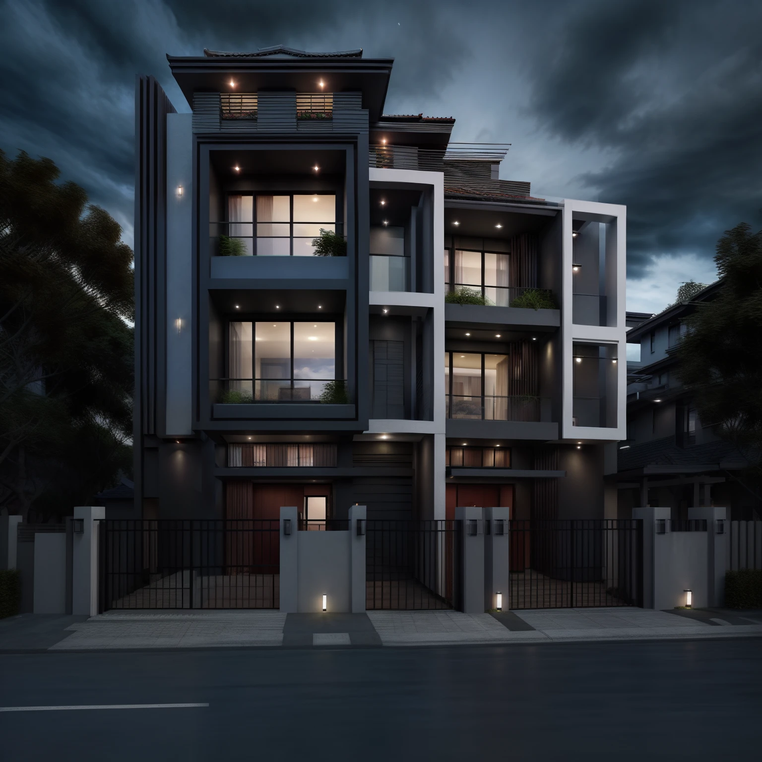 2 storey townhouse, traditional style house, 
ultra realistic, masterpiece, hight quality, best quality, raw photo, dark sky, dark night, dark theme,