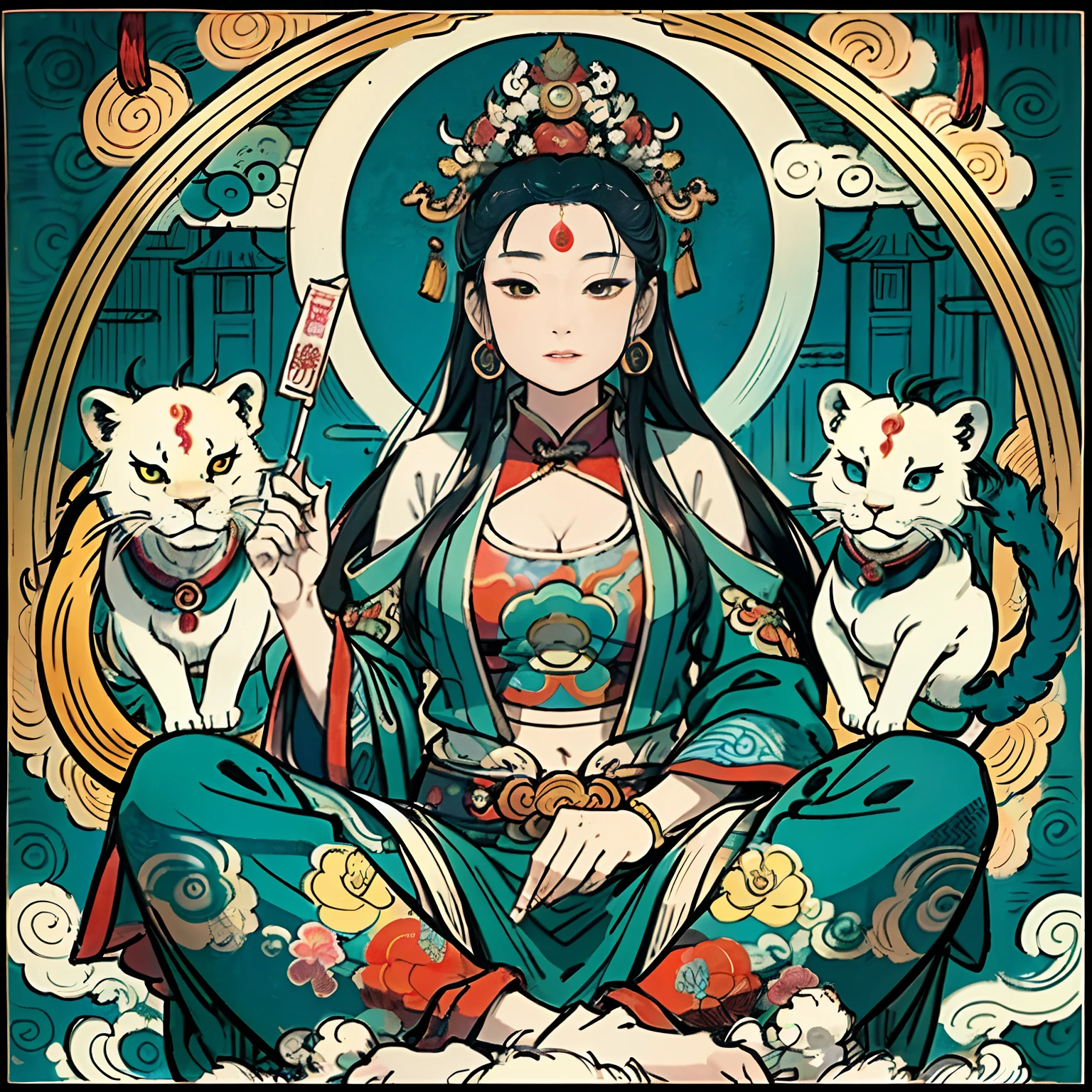 an ancient Chinese goddess, guanyin of the southern seas, Guanyin, Inspired by India, Avalokiteshvara rides a lion,,Serene expression,shui mo hua,Buddha,Buddhist,Lotus,Chinese painting style,Thangka style