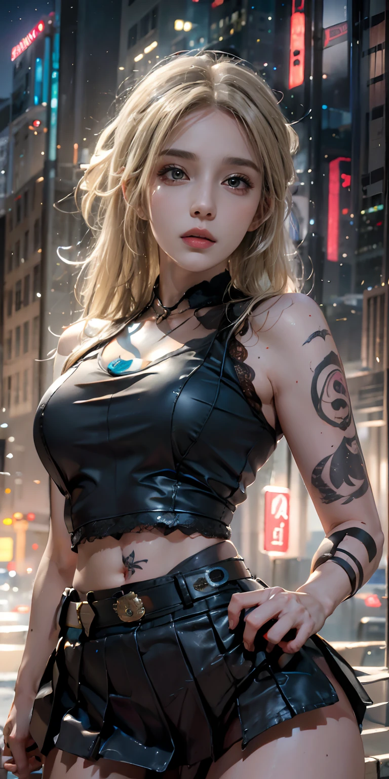 Photorealistic, high resolution, Soft light,1womanl, Solo, Hips up,Night City, (Detailed face),tattoo,ink，Open navel，Police badge，Police badge，Lace pleated skirt， jewelry, Police uniform,coiffed blonde hair