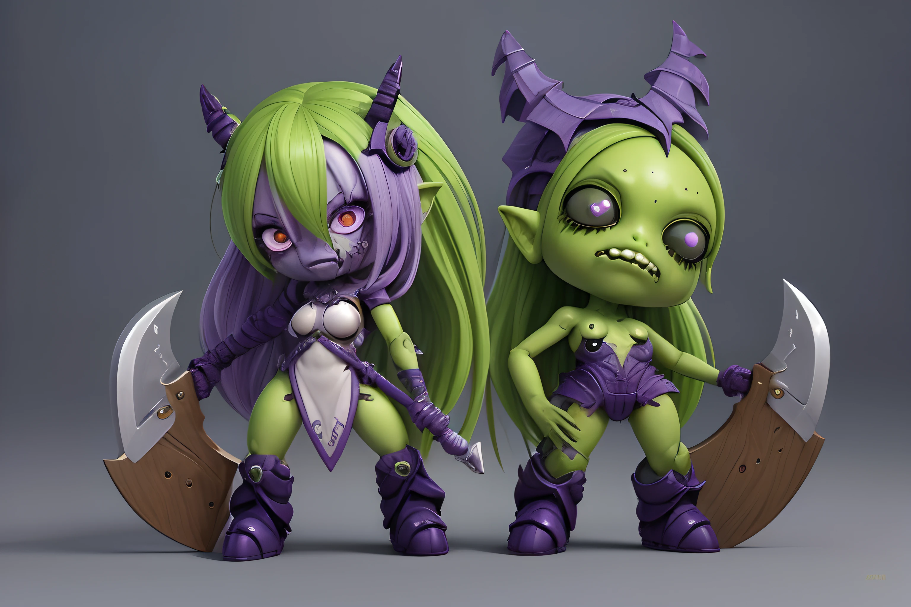Two green and purple dolls with horns and horns, chibi monster girl, Painted in Zublush, colored zbrush render, Stylized STL Fantasy Miniatures, zbrush central contest winner, trending on polycount, polycount contest winner, zbrush contest winner, 3d rendering stylized, super detailed fantasy characters, Goblins, Made with ZBrush