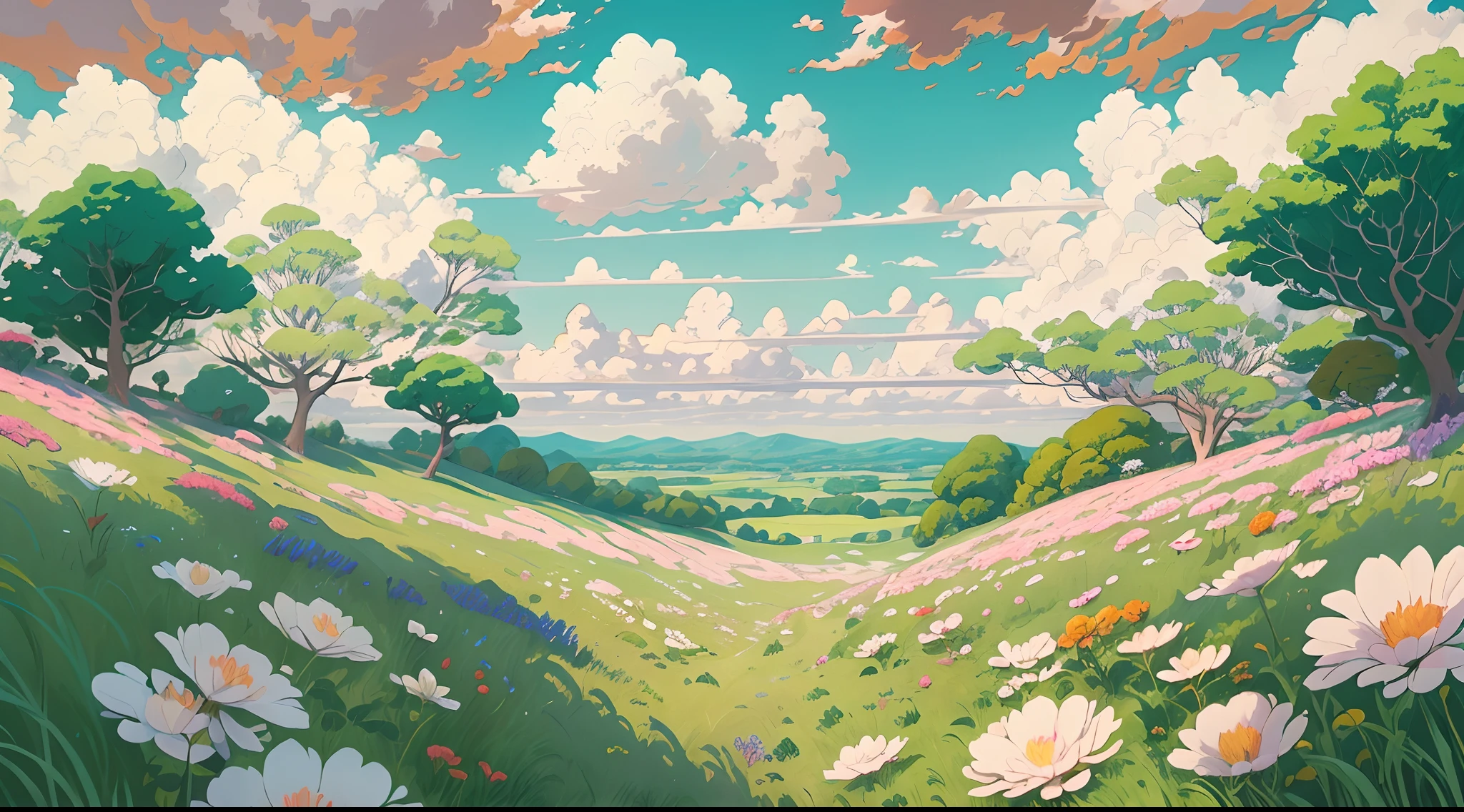 Realistic, authentic, beautiful and amazing landscape oil painting Studio Ghibli Hayao Miyazaki&#39;s petal grassland with blue sky and white clouds --v6