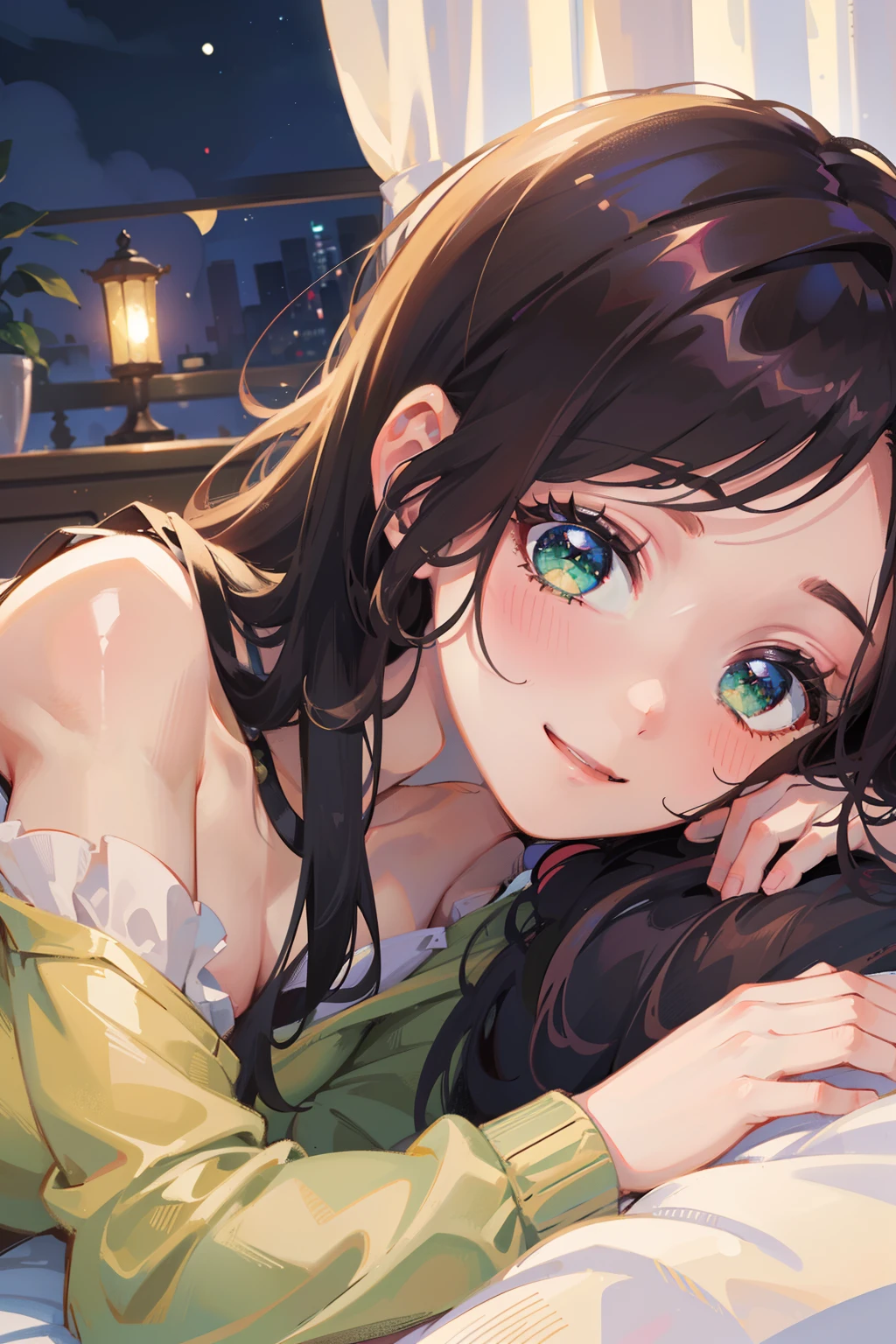 (masterpiece), (best quality), ultra high res, sharp focus, ((1 woman, solo)), warm pastel tone), upper body, medium long shot, MLS, beautiful detailed hair, chesnut brown hair, long hair tumbles down, ((beautiful shape eyes, green eyes)), beautiful detailed face, perfect feminine face, smiles, facing up, look at the viewer, (from above), (bare shoulders), in the comfortable bedroom, lying on back in the bed