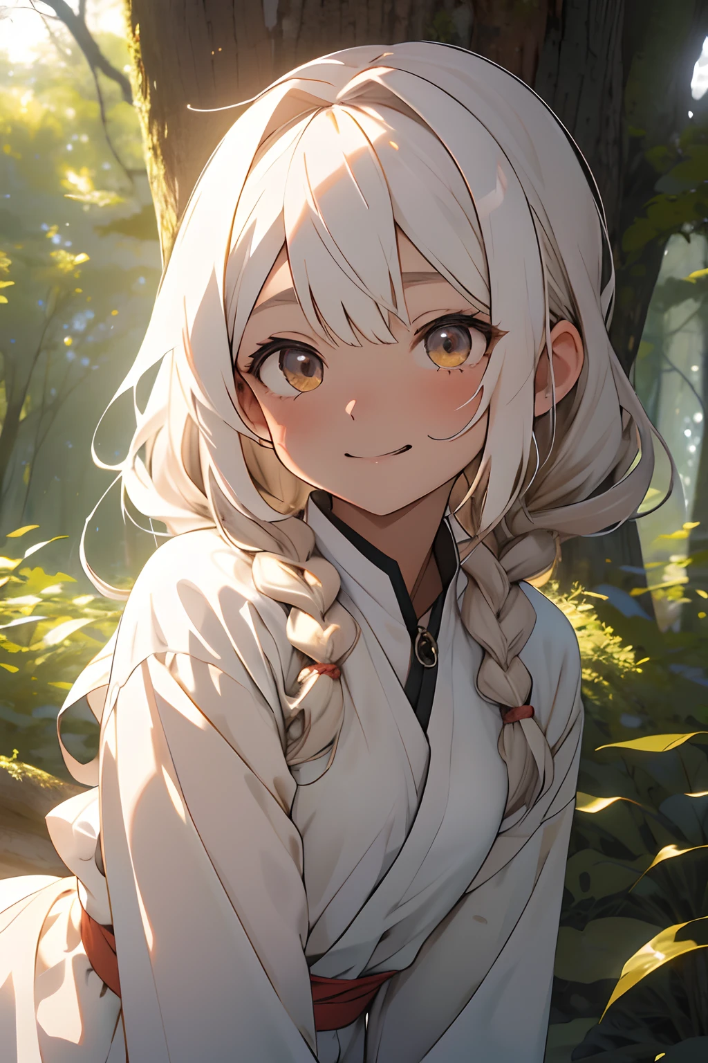 1girl in, 独奏,Being in the forest,double tooth,cute little,portlate,the woods,White atmosphere,Gentle girl,Cute smile,20s,Girl with a branch,Uluru's Eyes,Teary-eyed,Maniacal,animesque,Beautiful hair,Look at me in fear,Maximum Detail,Emo,Sauce order,long eyelashes