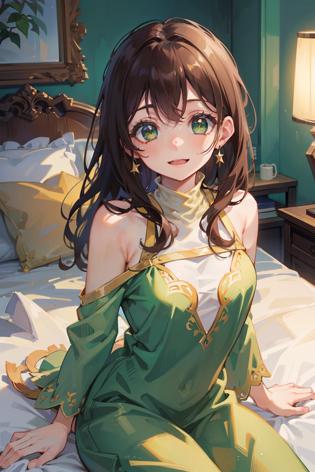 ((, Masterpiece: 1.5, best quality, high resolution: 1.3, super resolution, super detailed, ultra detailed: 1.3, Perfect Anatomy:1.5, 1 woman ) dark skin + long wavy brown hair + emerald green eyes + long eyelashes + feminine figure + medium chest + wide hips + dark circles + freckled cheeks (wide bedding, loose two-piece pajamas, little skin on her shoulders shown, long dropped sleeves) ((adorable open eyes, friendly cute expression, sparkle in eyes) )