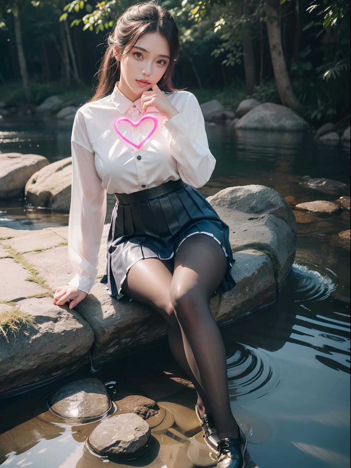 (full body:2)，(1girl:1.3),(view the viewer:1.4)，(anatomy correct:1.45),(Sitting by the creek, Make a heart to heart gesture with both hands:1.35),(Reflective carbon fiber pantyhose:1.4),(A mature and sensual woman Wear printed fantasy Crew suit JK student uniform pleated skirt and polished JK uniform leather shoes :1.35)，(A woman with large buttocks, breasts, and a slender waist:1.4), (Light particle effect:1.3),(In pink | amarelo | blue colors| green color |red color | white colors| black in color| purplish color| greys| Beige| Flesh color 1.4)，(Glowing eyes:1.3),(Large amplitude action: 1.3)，(Accurate and perfect face:1.4),hyper HD, Ray traching, reflective light，structurally correct, Award-Awarded, high detail, lighten shade contrast, Face lighting ，cinmatic lighting, masterpiece, super detailing, high quality, high detail, best quality, 16k，High contrast,