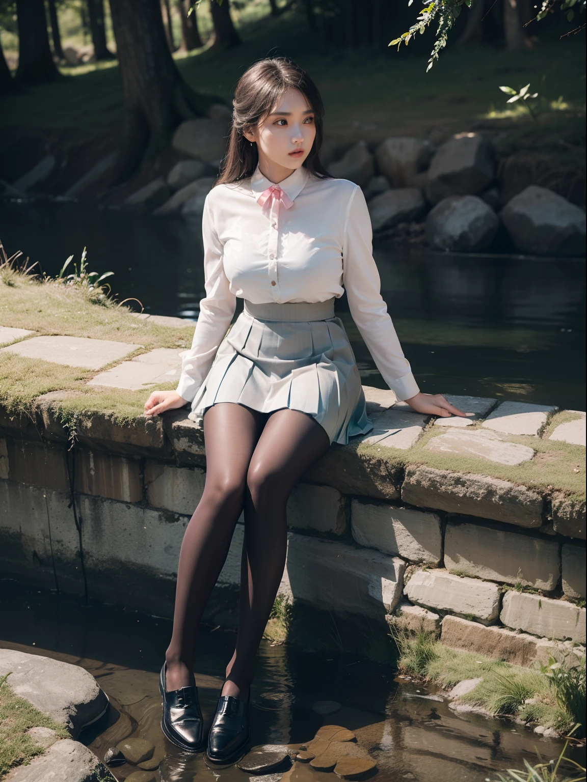(full body:2),(1girl:1.3),(view the viewer:1.4),(anatomy correct:1.45),(Sitting by the creek, Make a heart to heart gesture with both hands:1.35),(Reflective carbon fiber pantyhose:1.4),(A mature and sensual woman Wear printed fantasy Crew suit JK student uniform pleated skirt and polished JK uniform leather shoes :1.35),(A woman with large buttocks, breasts, and a slender waist:1.4), (Light particle effect:1.3),(In pink | amarelo | blue colors| green color |red color | white colors| black in color| purplish color| greys| Beige| Flesh color 1.4),(Glowing eyes:1.3),(Large amplitude action: 1.3),(Accurate and perfect face:1.4),hyper HD, Ray traching, reflective light,structurally correct, Award-Awarded, high detail, lighten shade contrast, Face lighting ,cinmatic lighting, masterpiece, super detailing, high quality, high detail, best quality, 16k,High contrast,