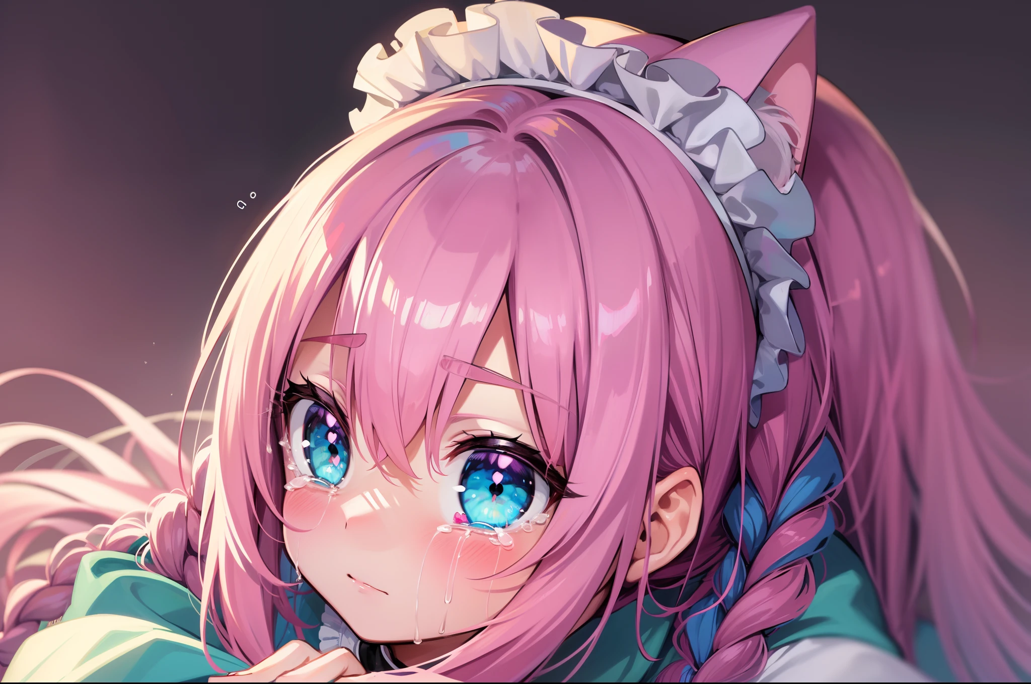 Kizi,quadratic element,Pink hair,Long braids,maid headdress,aqua eyes,crying with eyes open,Pink cat,Cute anime girl,extremely cute anime girl face,Cute natural anime face ,Look down from above,closeup of face,masterpiece,best quality,high details,anime,